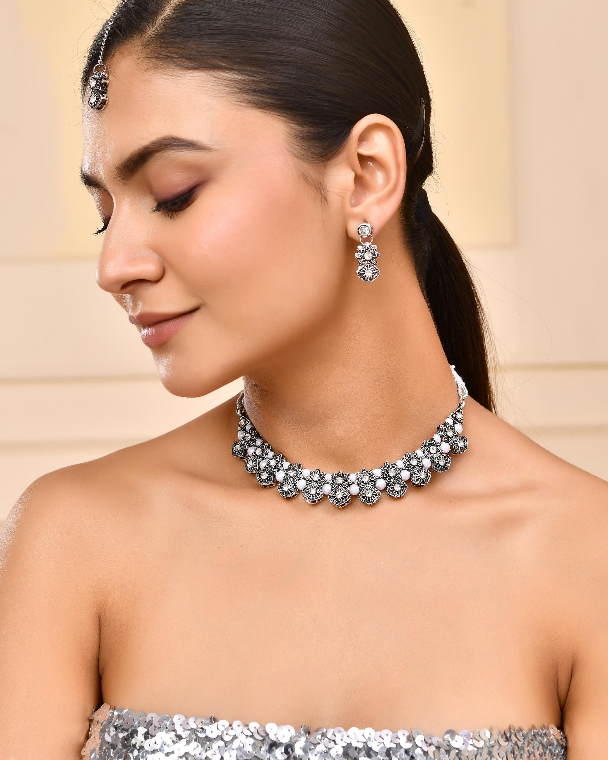 VOJ Oxidized Designer Stone Studded Jewellery Set VOJ (Valley Of Jewellery)