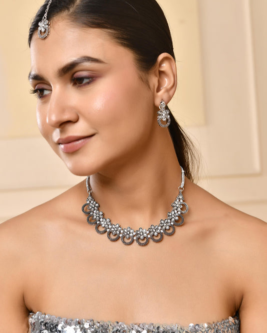 VOJ Oxidized Floral Stone Studded Necklace With Earrings Set VOJ (Valley Of Jewellery)