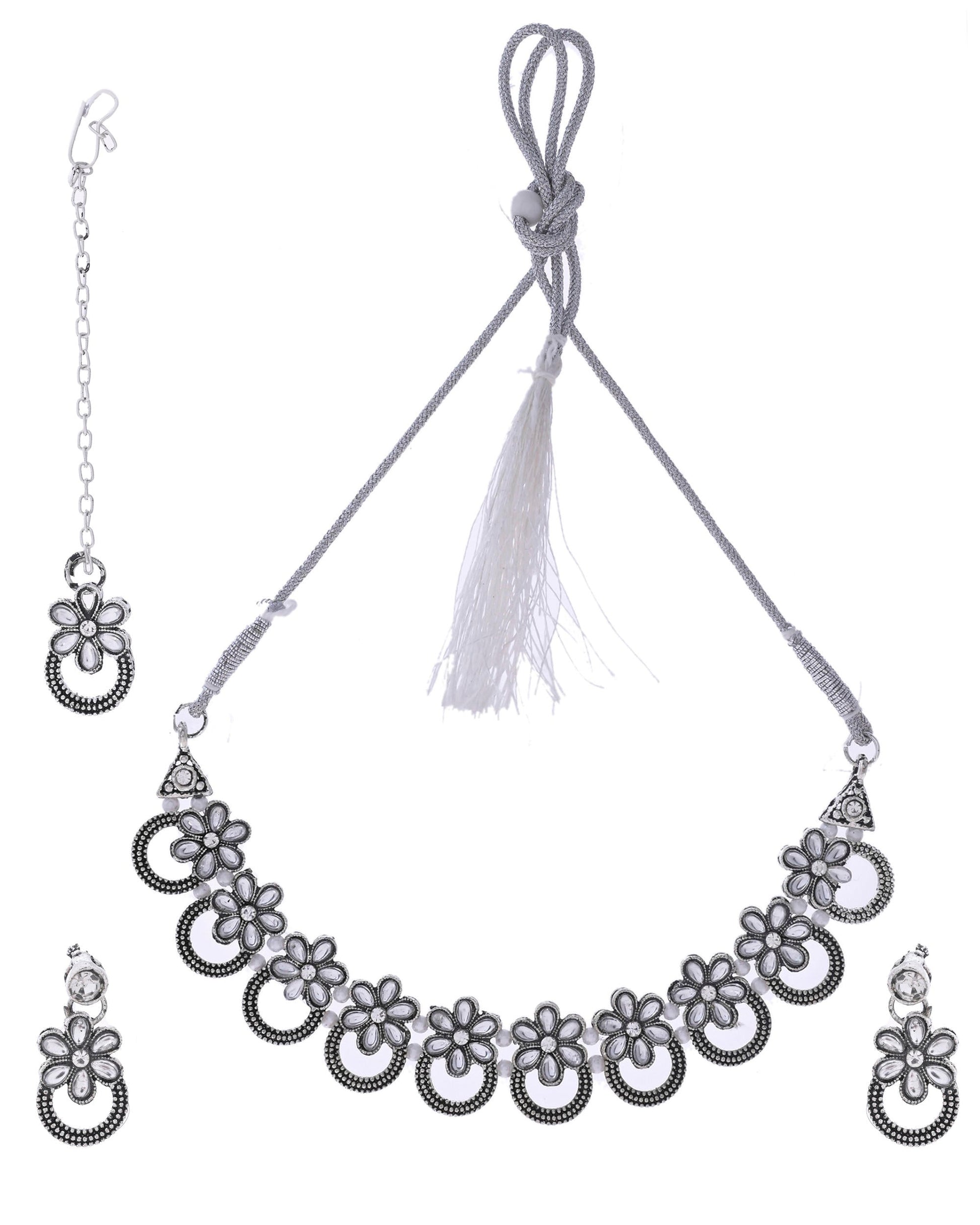 VOJ Oxidized Floral Stone Studded Necklace With Earrings Set VOJ (Valley Of Jewellery)
