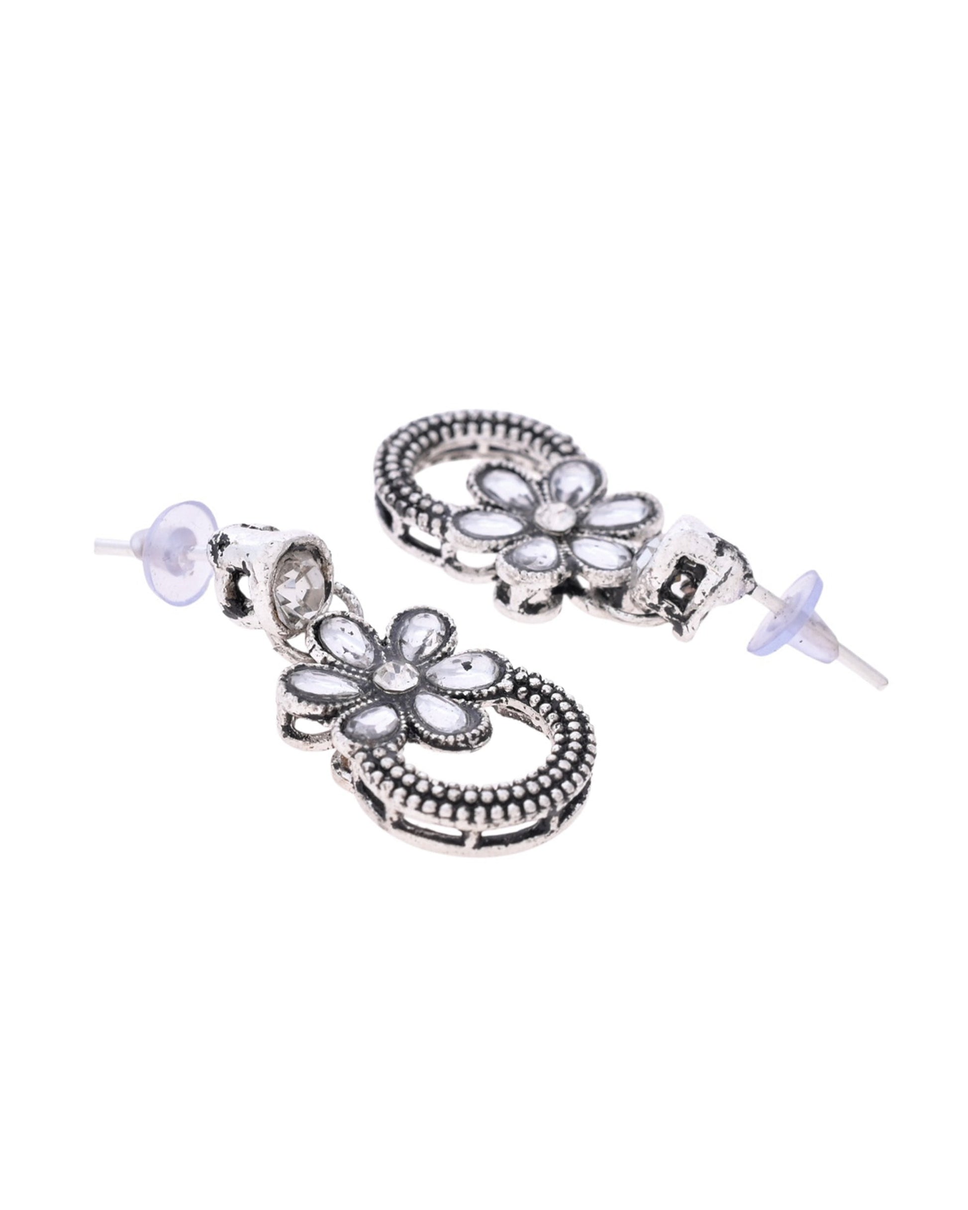 VOJ Oxidized Floral Stone Studded Necklace With Earrings Set VOJ (Valley Of Jewellery)