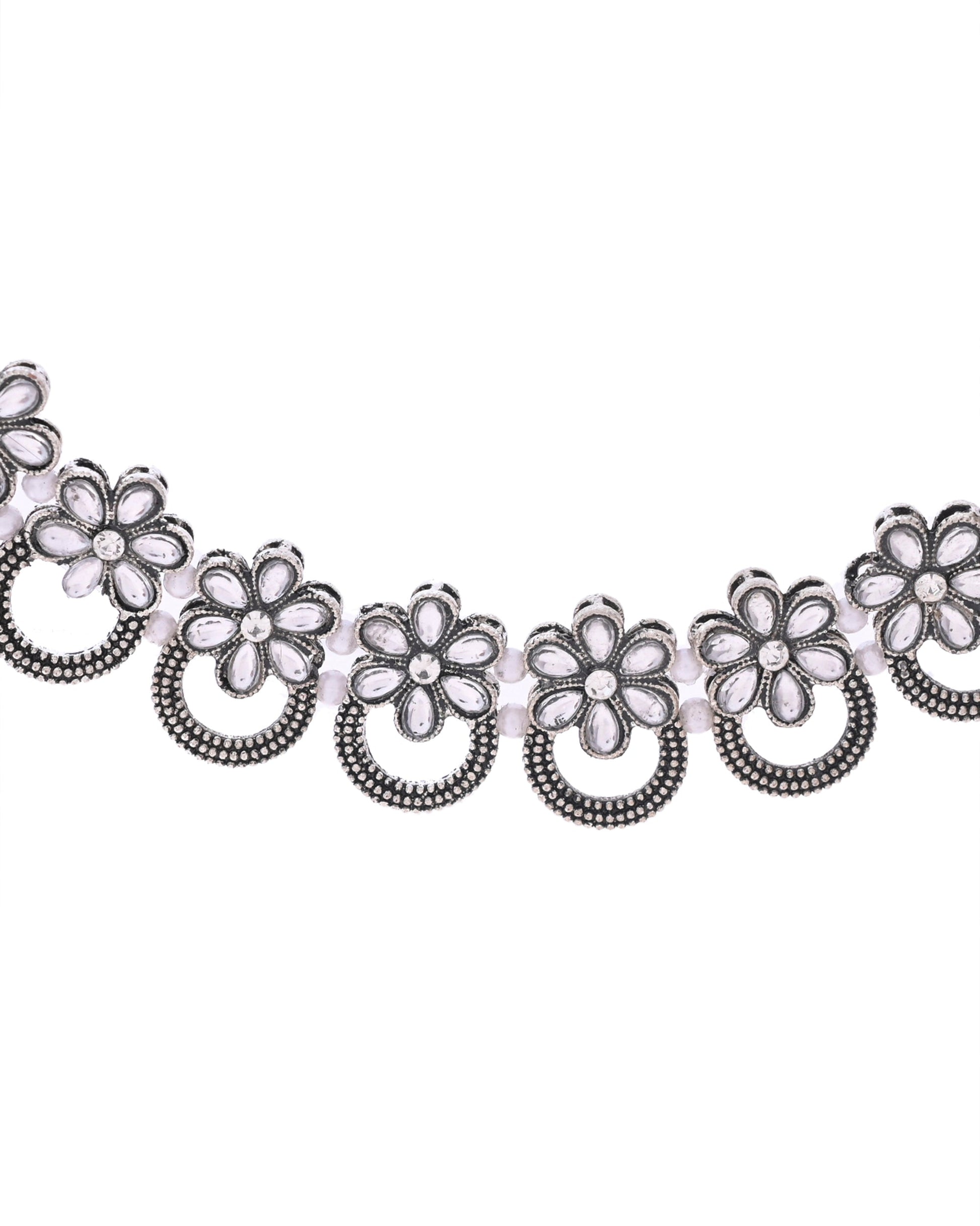 VOJ Oxidized Floral Stone Studded Necklace With Earrings Set VOJ (Valley Of Jewellery)