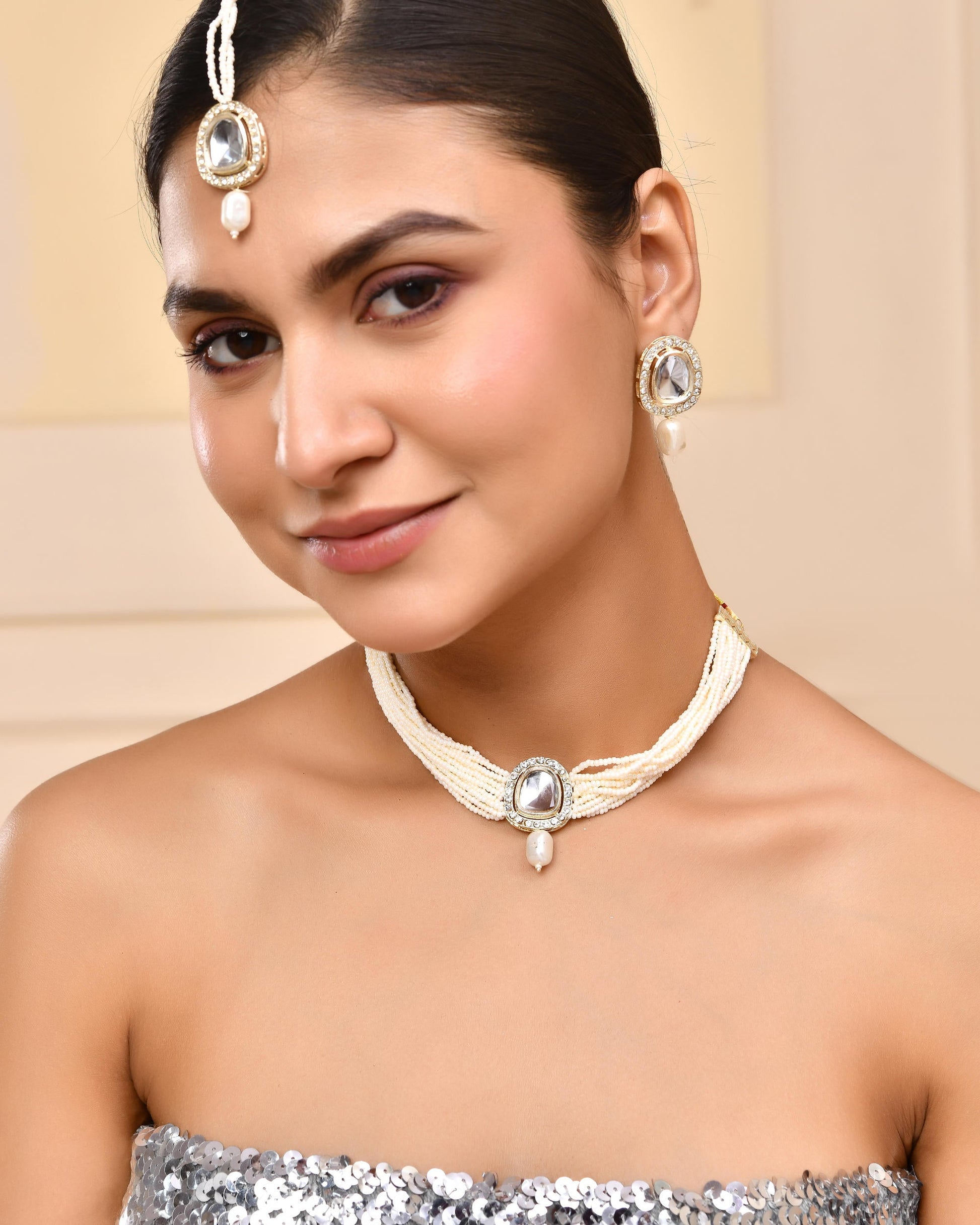 VOJ White Kundan Studded Choker Set VOJ (Valley Of Jewellery)