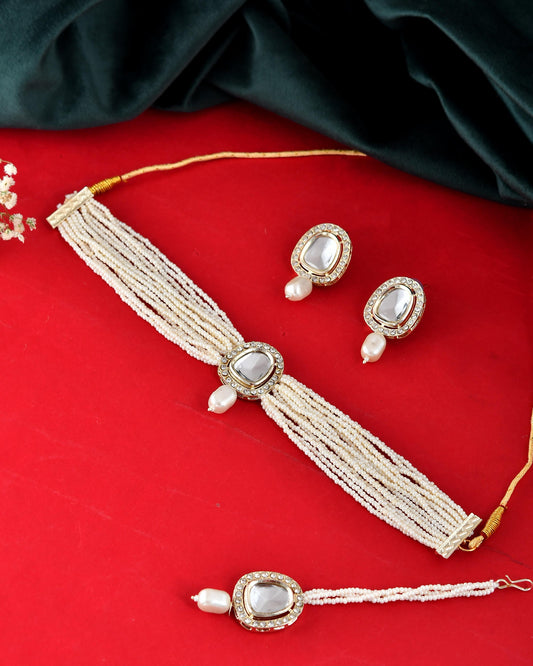 VOJ White Kundan Studded Choker Set VOJ (Valley Of Jewellery)