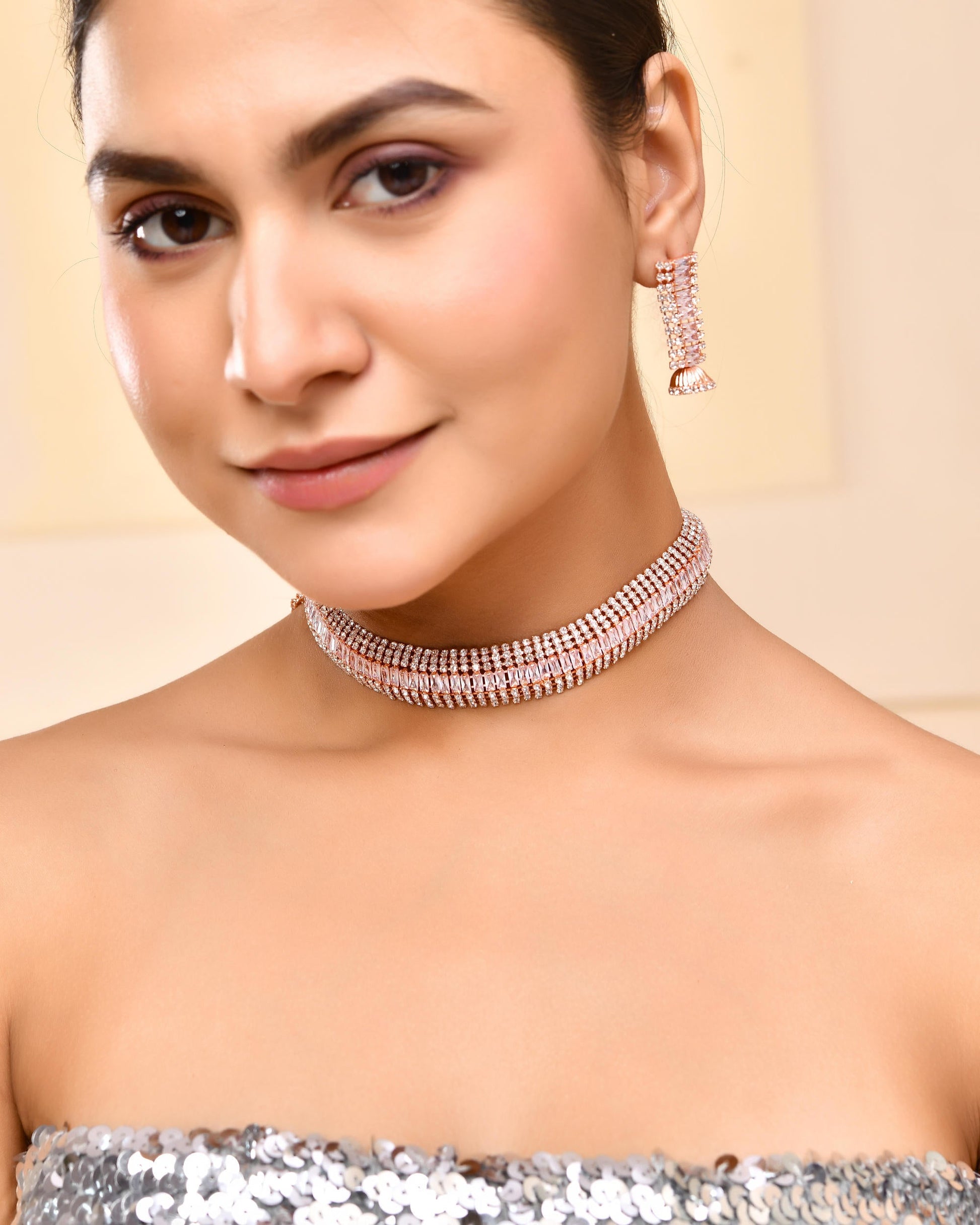 VOJ Rose Gold-Polished Artificial Stones Studded Choker Jewellery Set VOJ (Valley Of Jewellery)