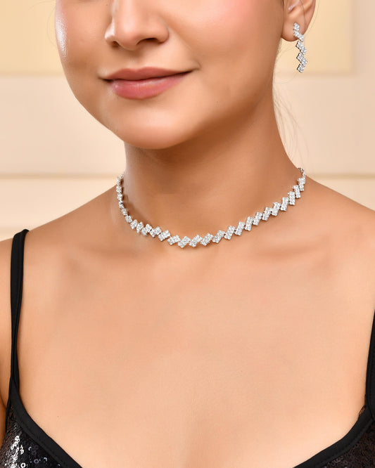 VOJ Silver Plated Stones Studded minimal Designed Jewellery Set VOJ (Valley Of Jewellery)