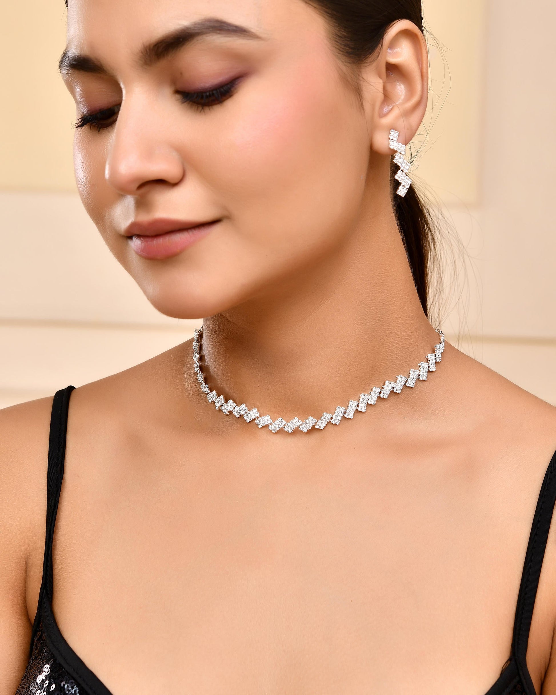 VOJ Silver Plated Stones Studded minimal Designed Jewellery Set VOJ (Valley Of Jewellery)