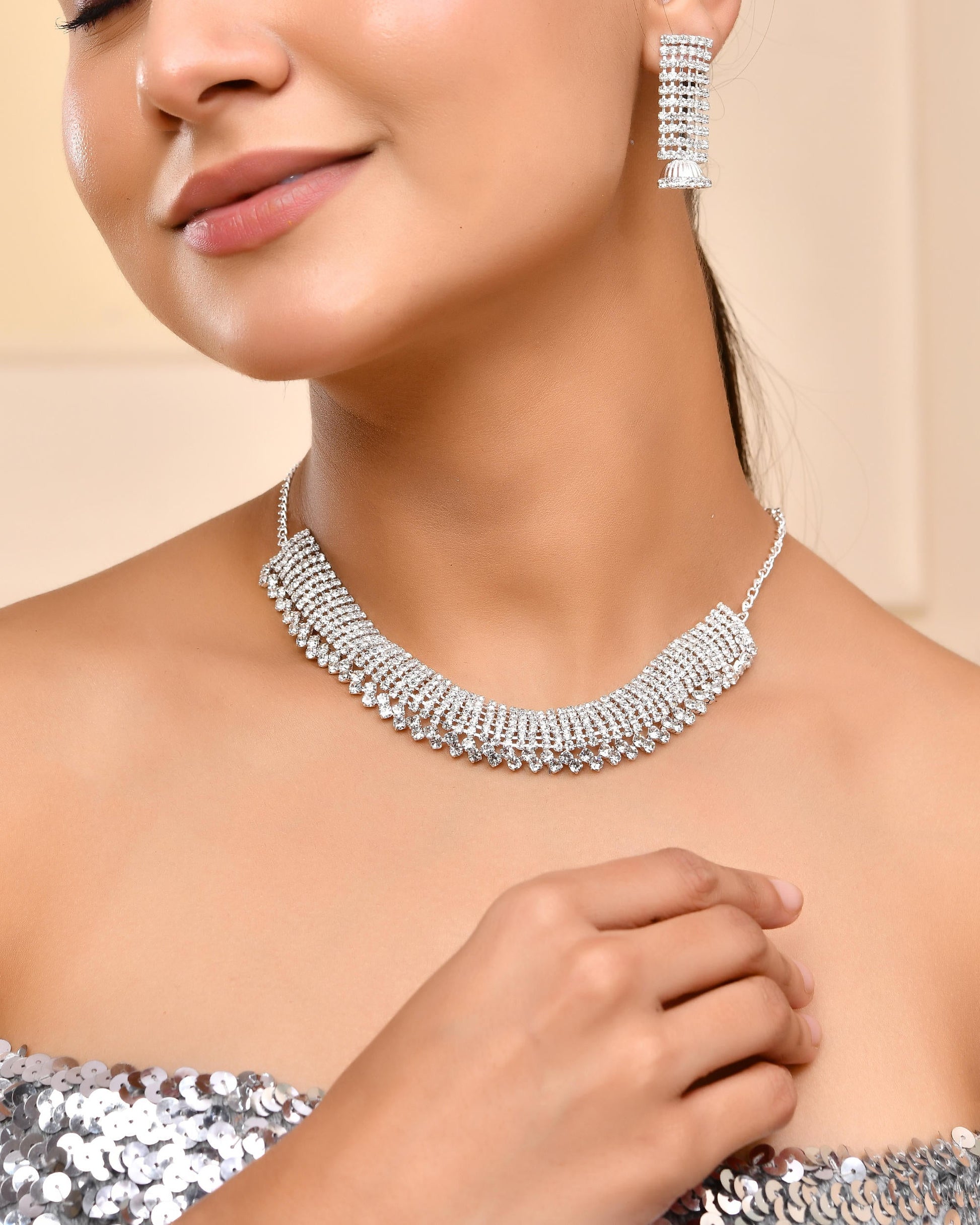 VOJ Silver-Plated Artificial Stones Studded Choker Jewellery Set VOJ (Valley Of Jewellery)