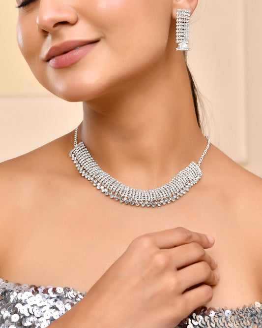 VOJ Silver-Plated Artificial Stones Studded Choker Jewellery Set VOJ (Valley Of Jewellery)