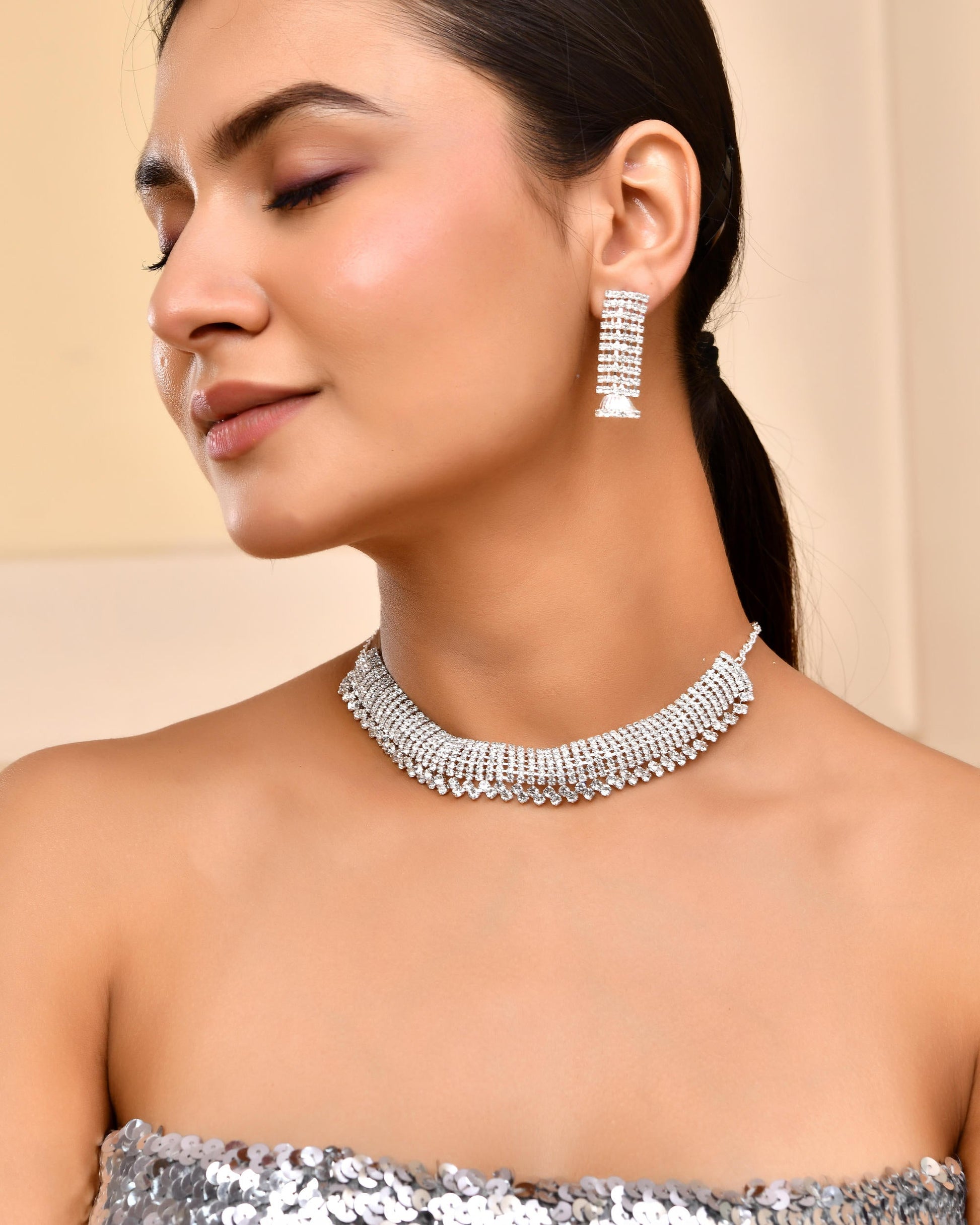 VOJ Silver-Plated Artificial Stones Studded Choker Jewellery Set VOJ (Valley Of Jewellery)