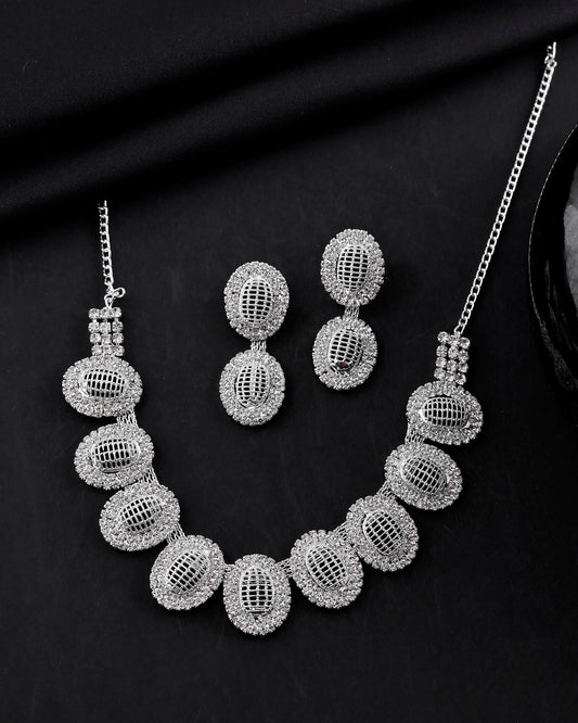 VOJ Silver-Plated Stones Studded Oval Shaped Jewellery Set - Swadesiicart