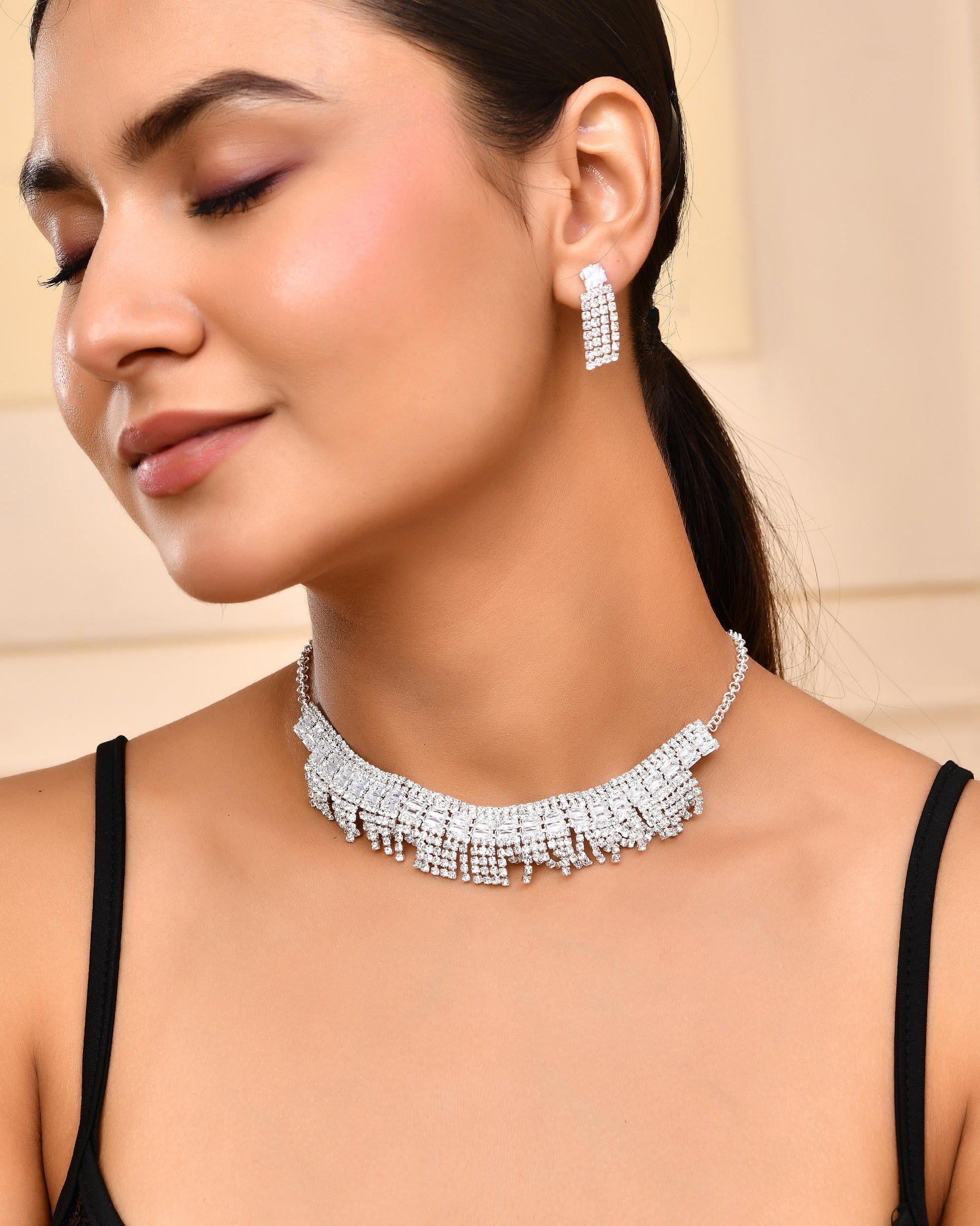 VOJ Silver-Plated Stones Studded Jewellery Set VOJ (Valley Of Jewellery)