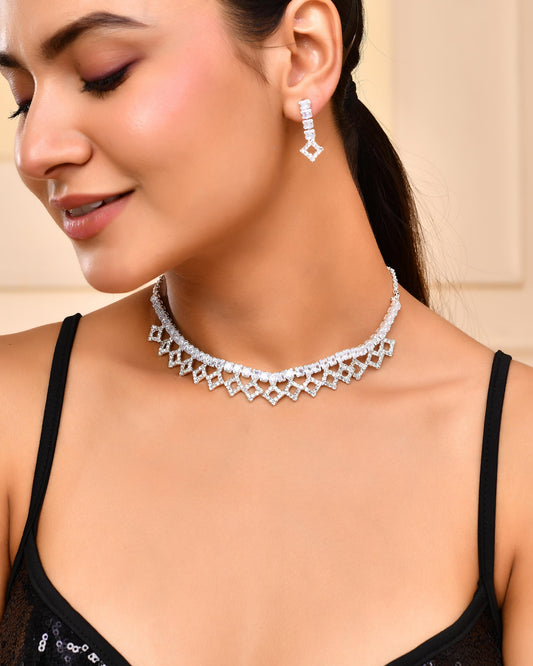 VOJ Silver-Plated Stones Studded Geomatrical Jewellery Set VOJ (Valley Of Jewellery)