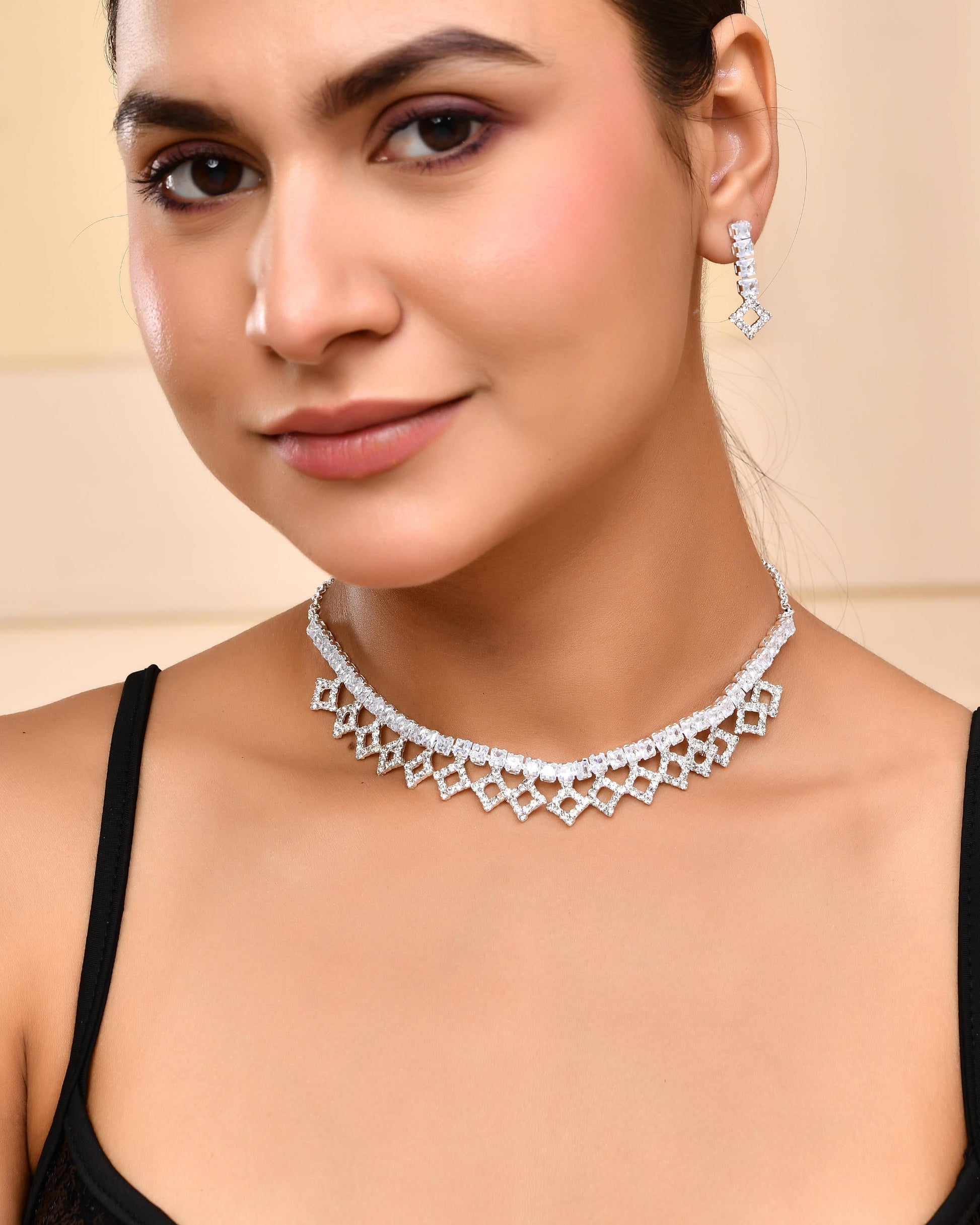 VOJ Silver-Plated Stones Studded Geomatrical Jewellery Set VOJ (Valley Of Jewellery)