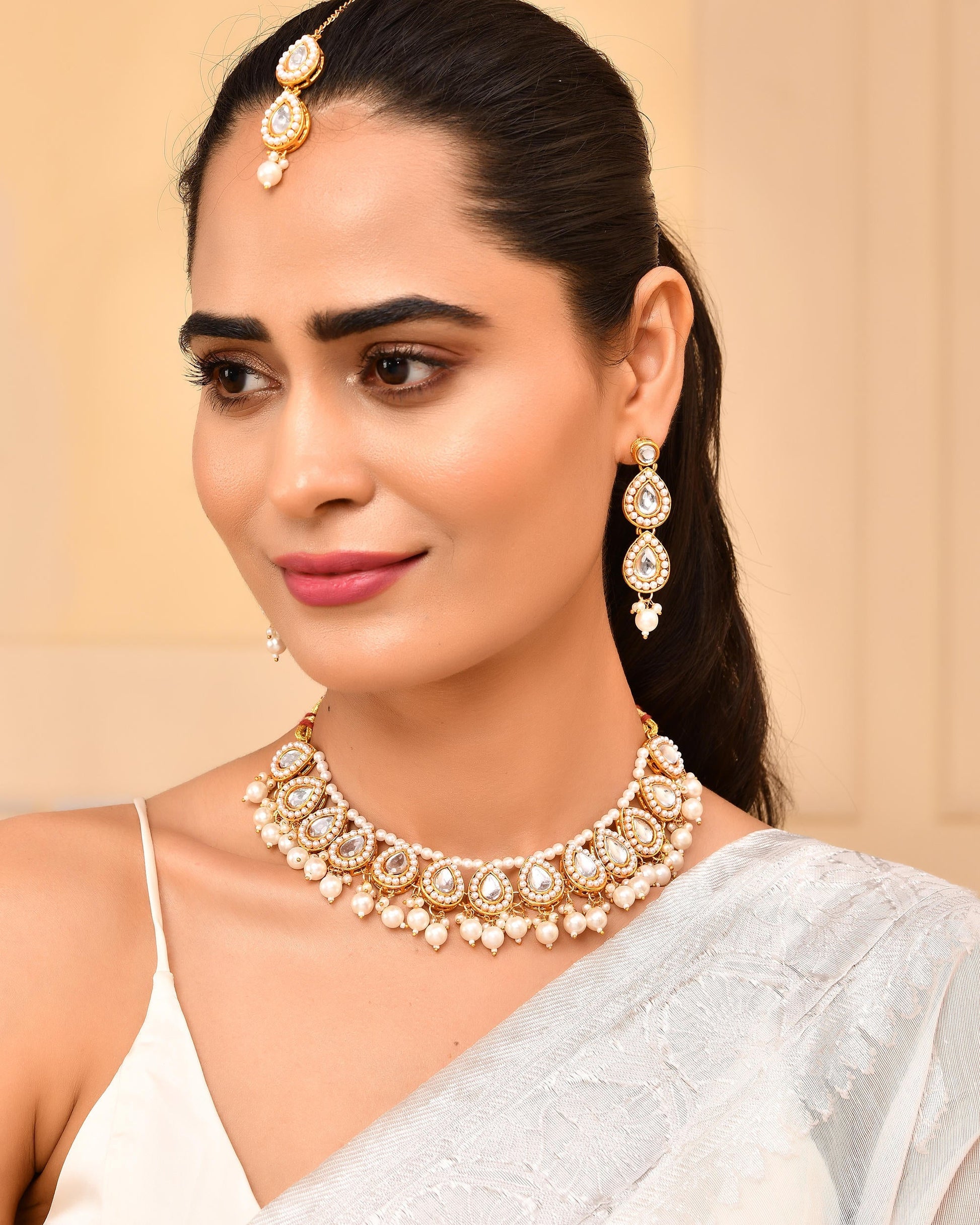 VOJ Gold-Polished Kundan Stones Studded Jewellery Set With Maang Tikka - Swadesiicart