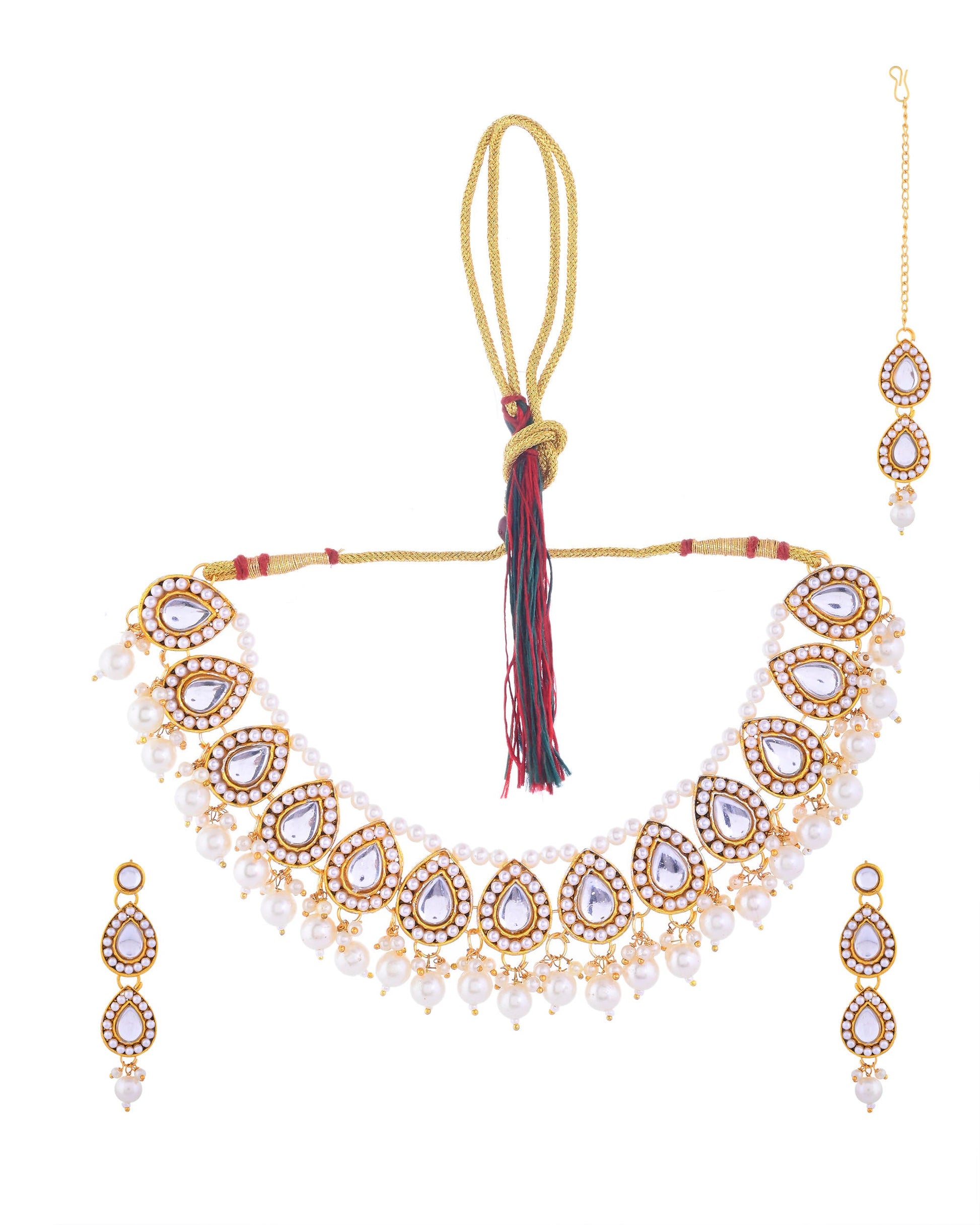 VOJ Gold-Polished Kundan Stones Studded Jewellery Set With Maang Tikka VOJ (Valley Of Jewellery)