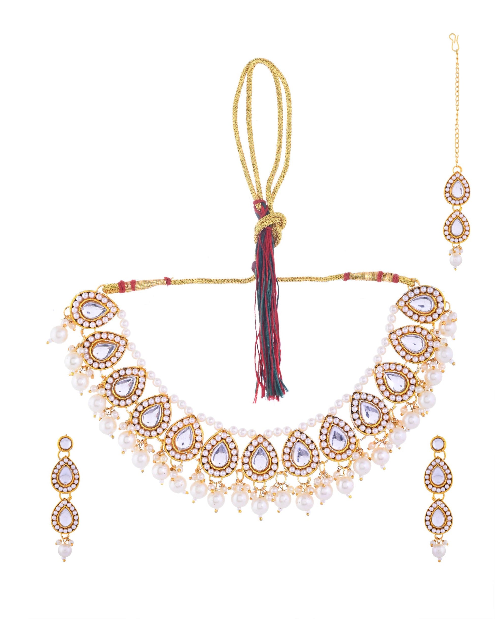VOJ Gold-Polished Kundan Stones Studded Jewellery Set With Maang Tikka - Swadesiicart