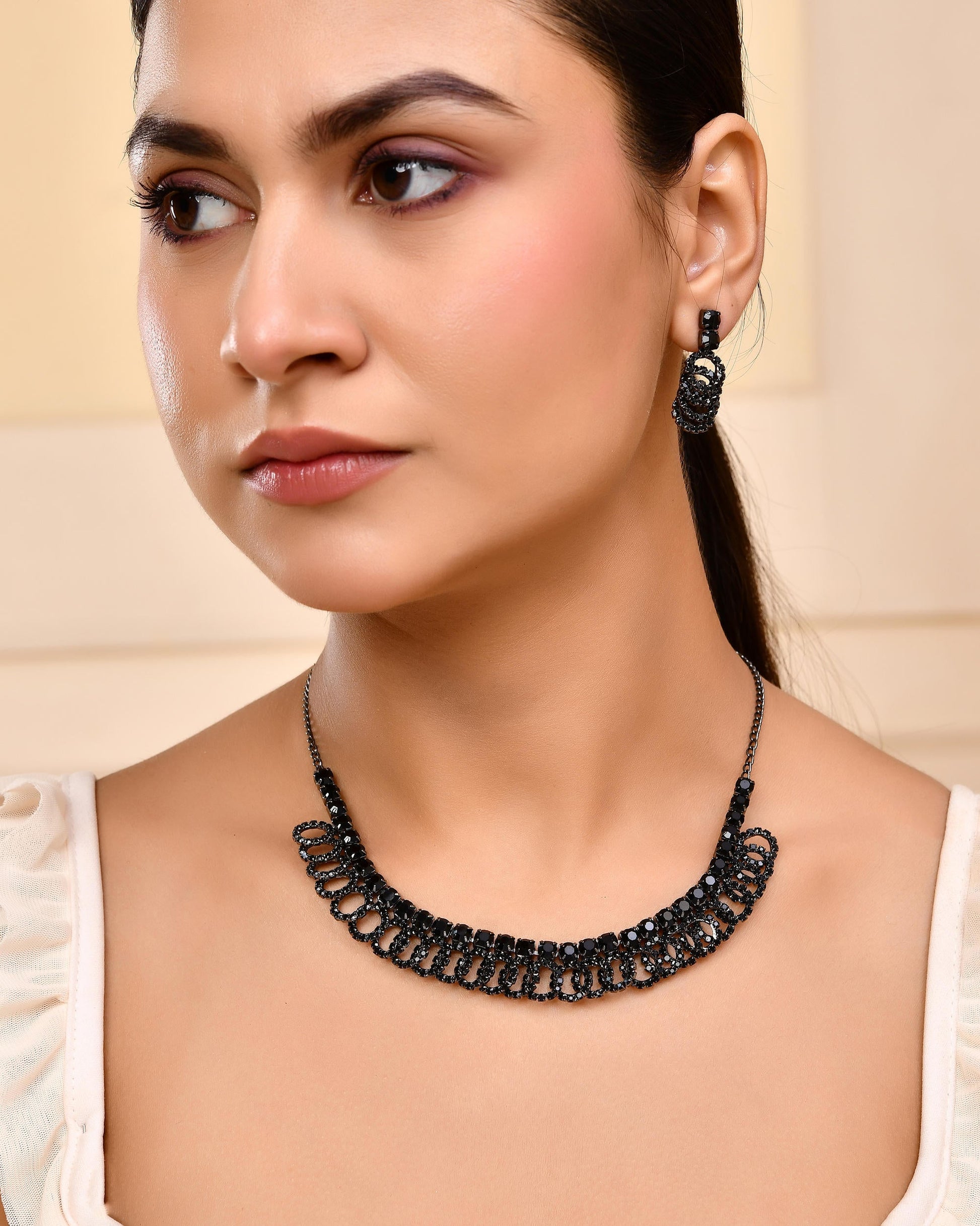 VOJ Black Circular Stone Studded Jewellery Set VOJ (Valley Of Jewellery)