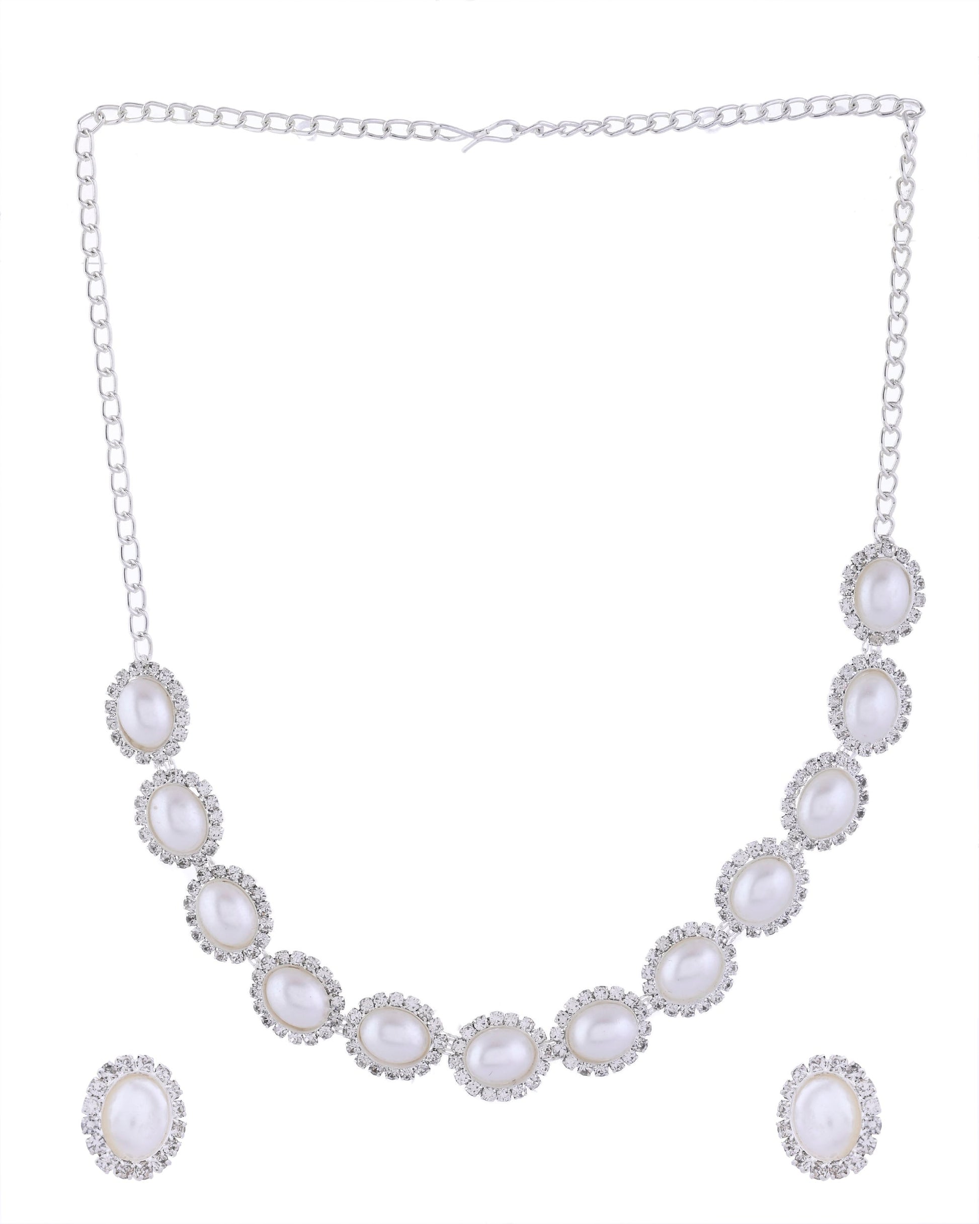 VOJ Silver Plated Pearl and Stones Studded Oval Shaped Jewellery Set VOJ (Valley Of Jewellery)