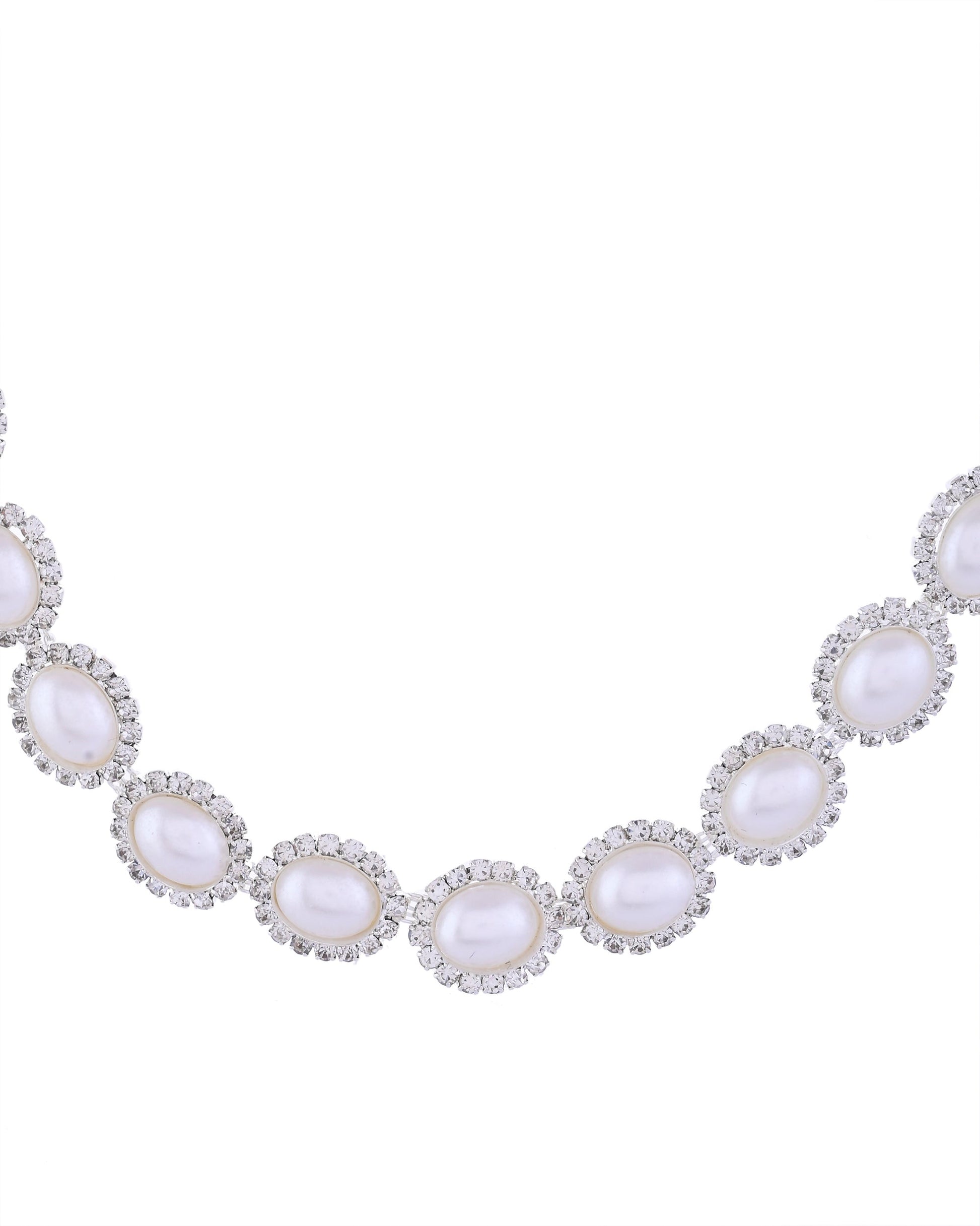 VOJ Silver Plated Pearl and Stones Studded Oval Shaped Jewellery Set VOJ (Valley Of Jewellery)