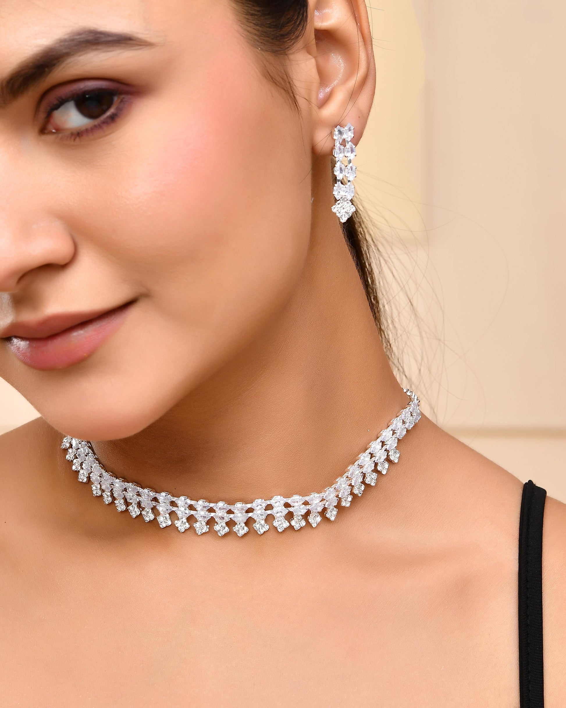 VOJ Silver Plated CZ Stones Studded Necklace Set VOJ (Valley Of Jewellery)