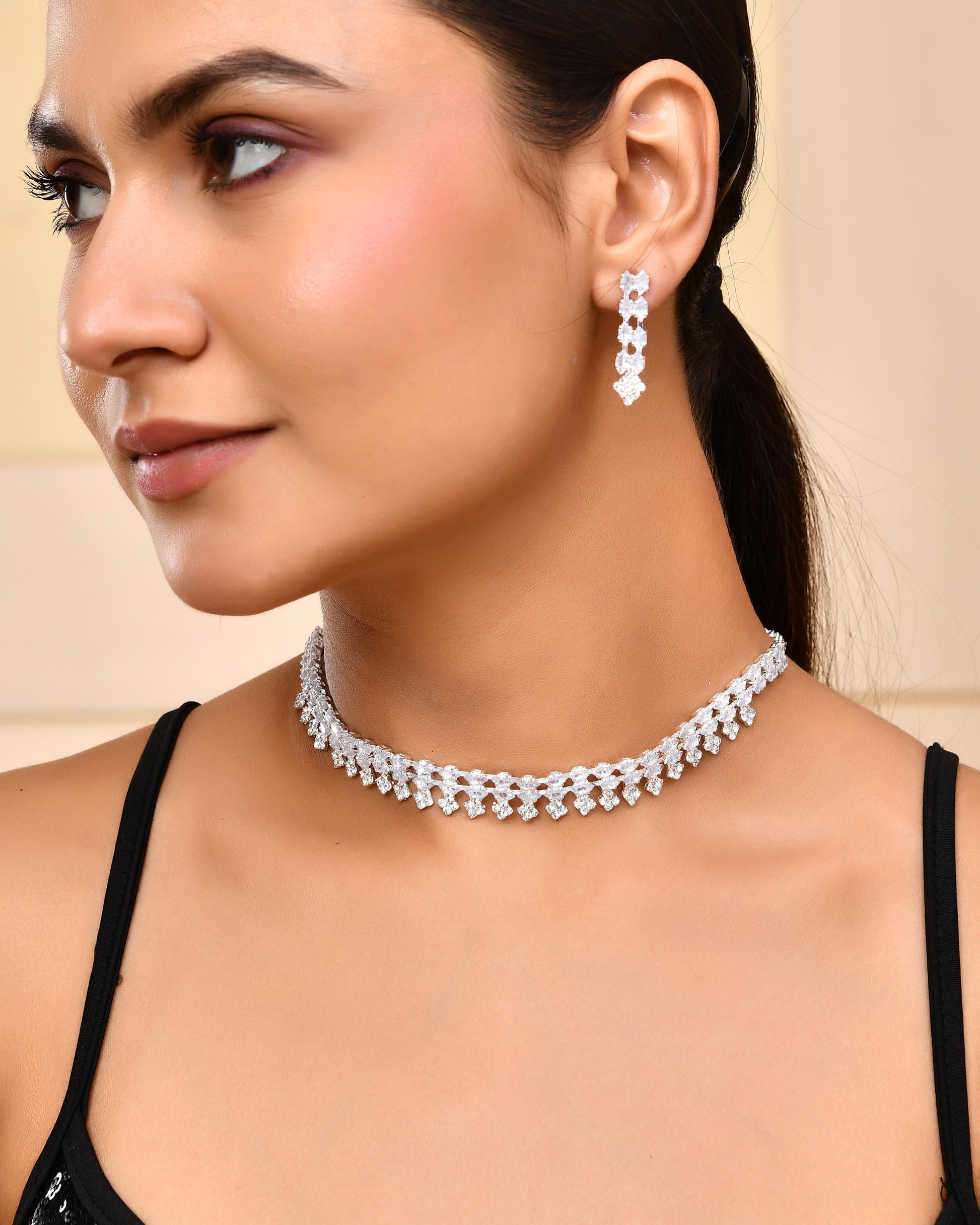 VOJ Silver Plated CZ Stones Studded Necklace Set VOJ (Valley Of Jewellery)