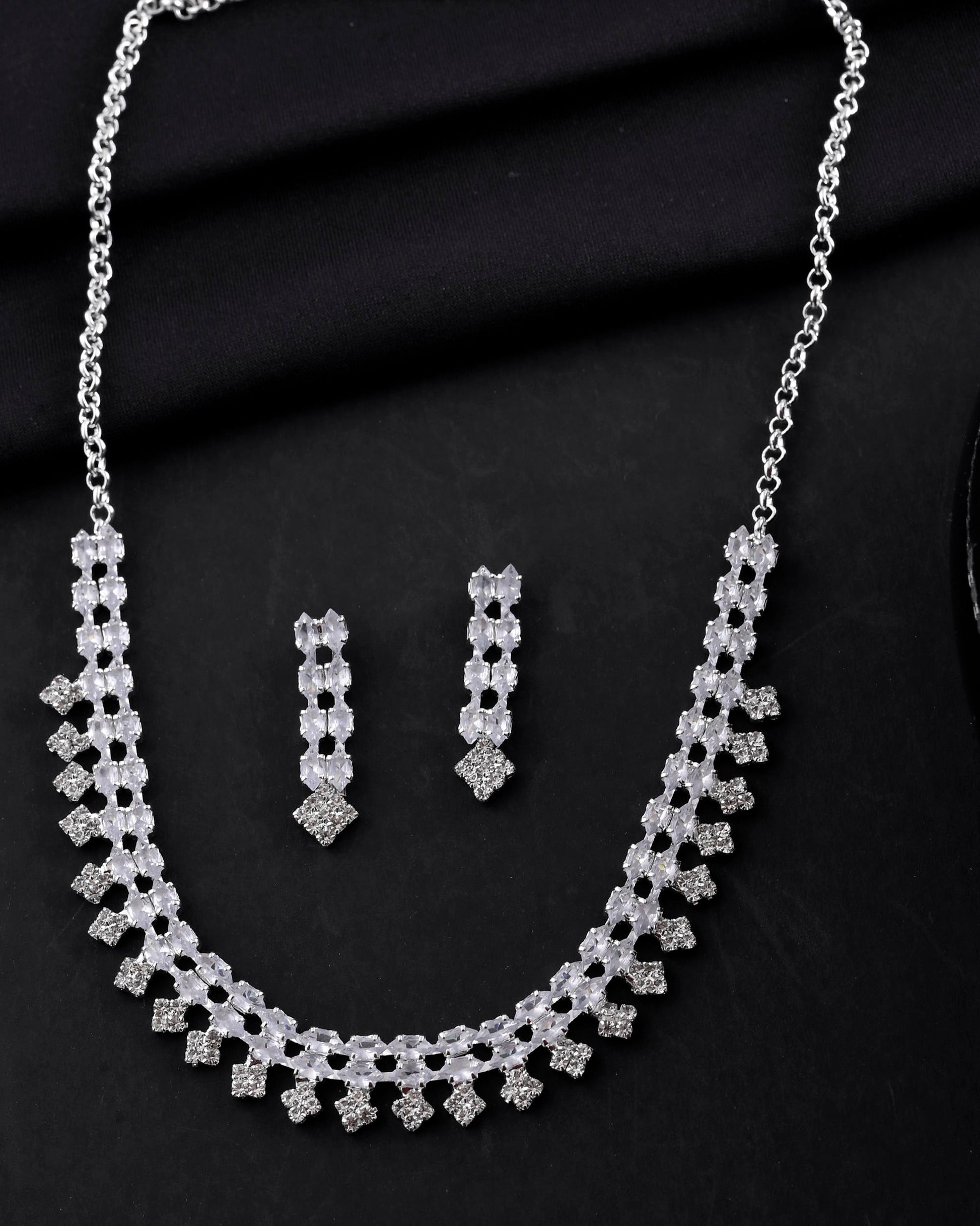 VOJ Silver Plated CZ Stones Studded Necklace Set VOJ (Valley Of Jewellery)