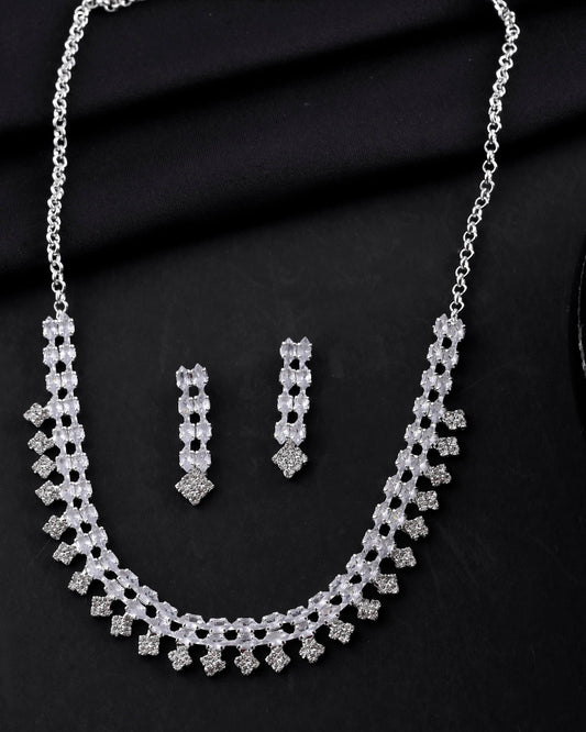 VOJ Silver Plated CZ Stones Studded Necklace Set VOJ (Valley Of Jewellery)