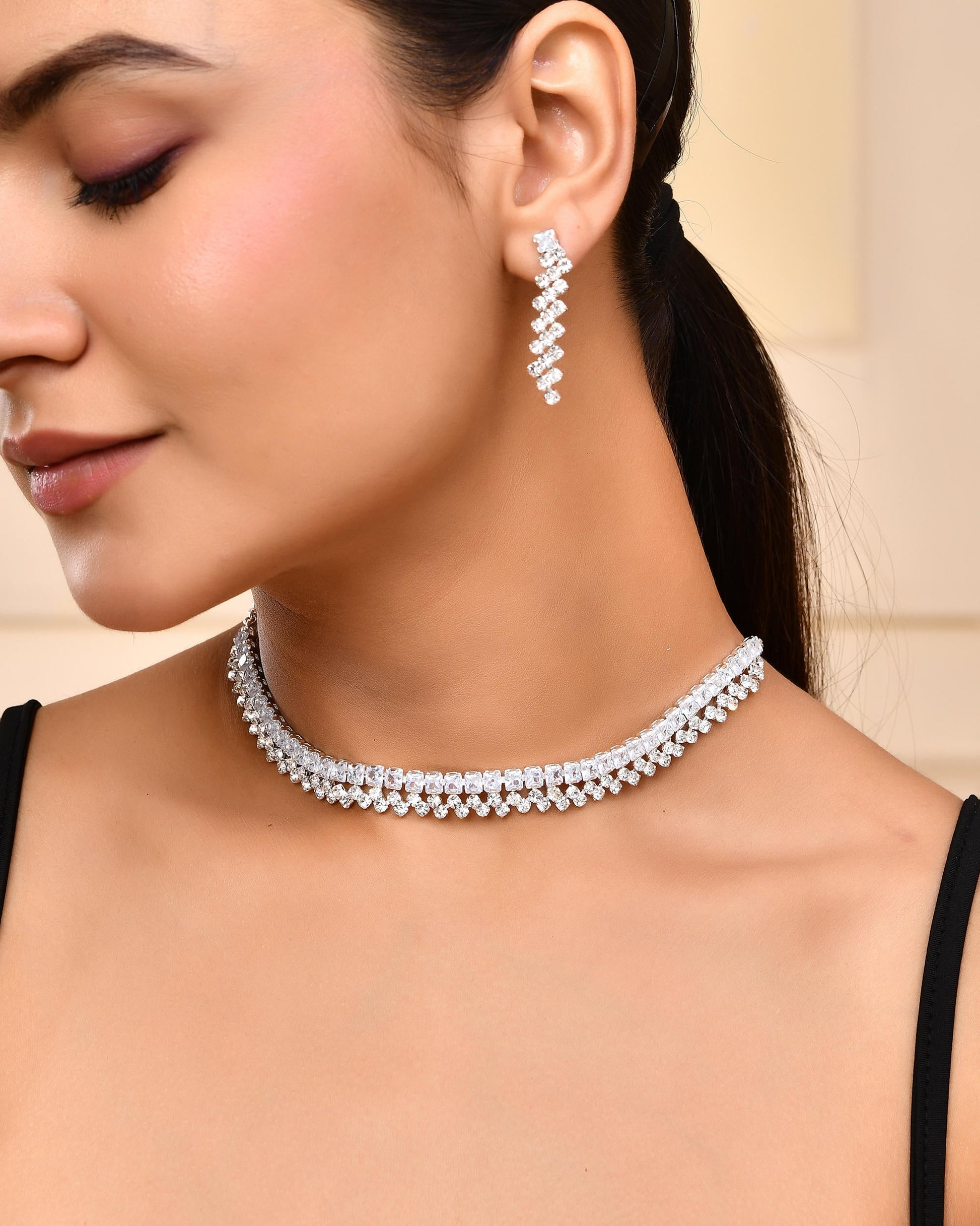 VOJ Silver Plated CZ And Artifical Stones Studded Necklace Set VOJ (Valley Of Jewellery)