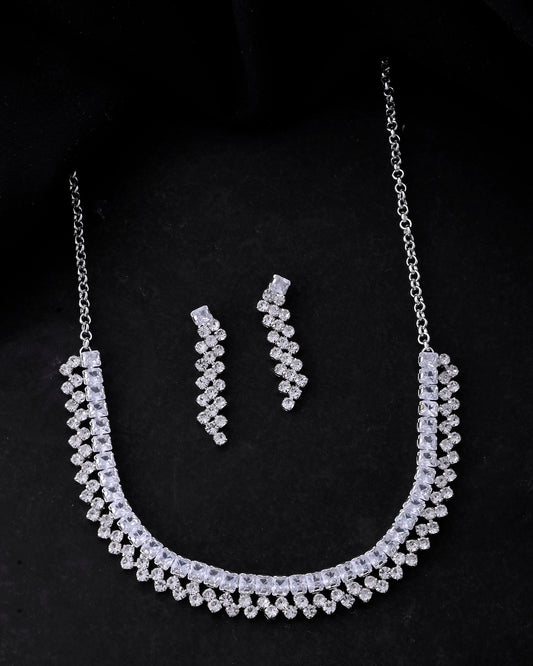 VOJ Silver Plated CZ And Artifical Stones Studded Necklace Set - Swadesiicart