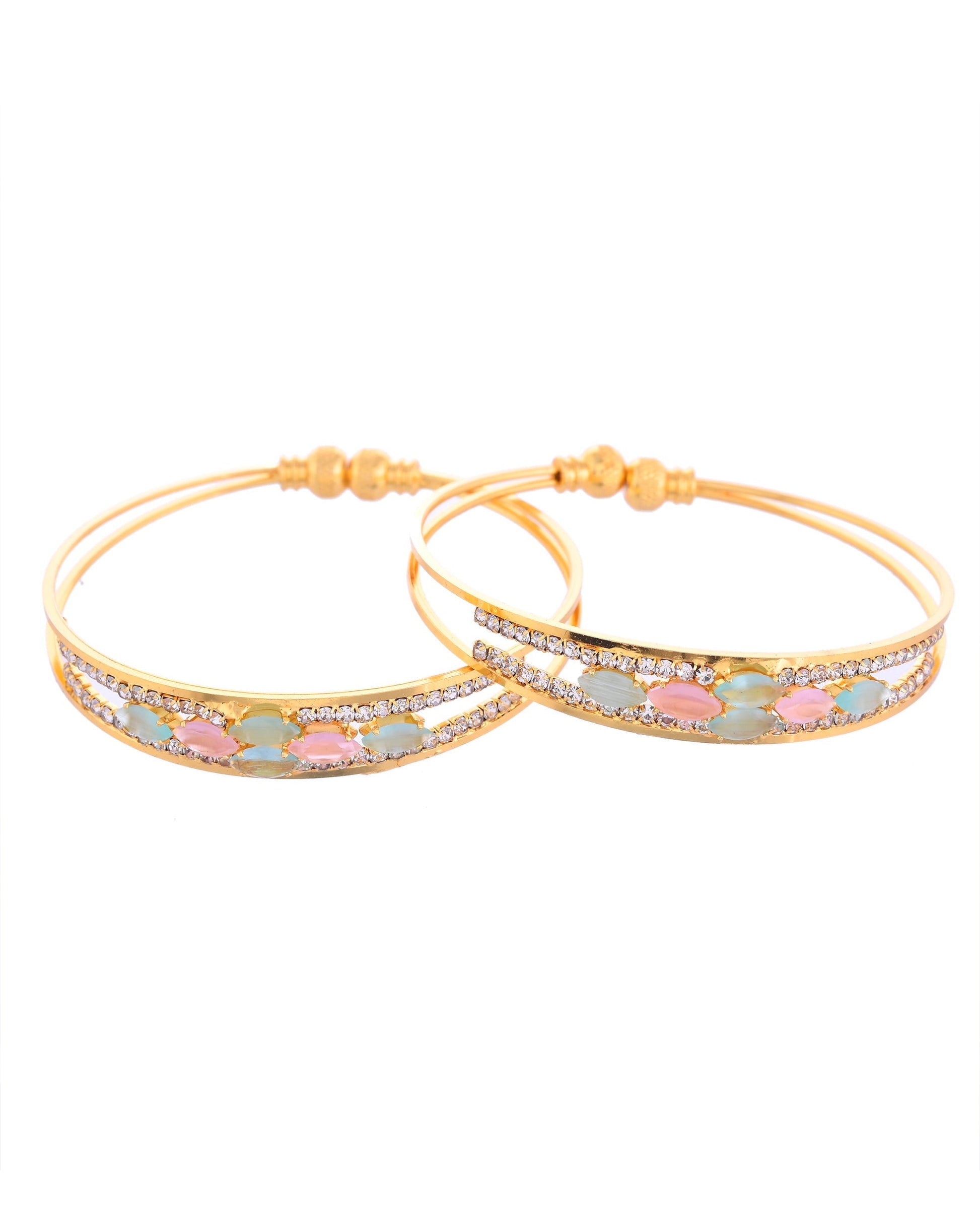 VOJ Set of 2 Gold-Polished Multi Colour Stones Bangles 