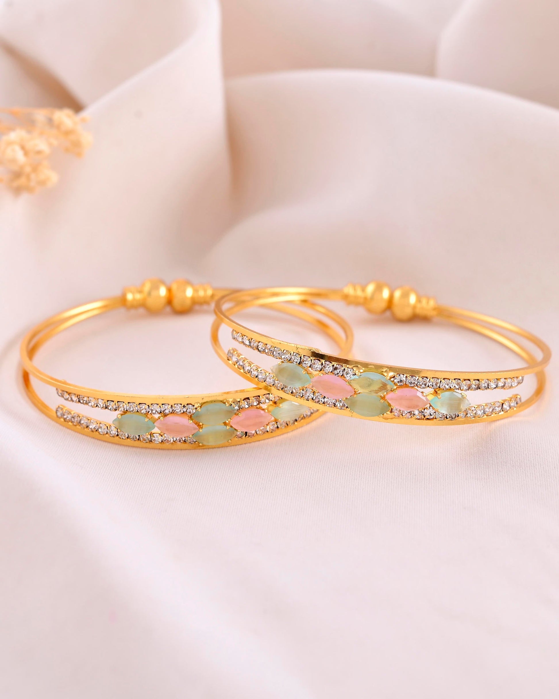 VOJ Set of 2 Gold-Polished Multi Colour Stones Bangles 