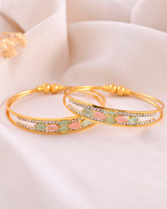 VOJ Set of 2 Gold-Polished Multi Colour Stones Bangles 