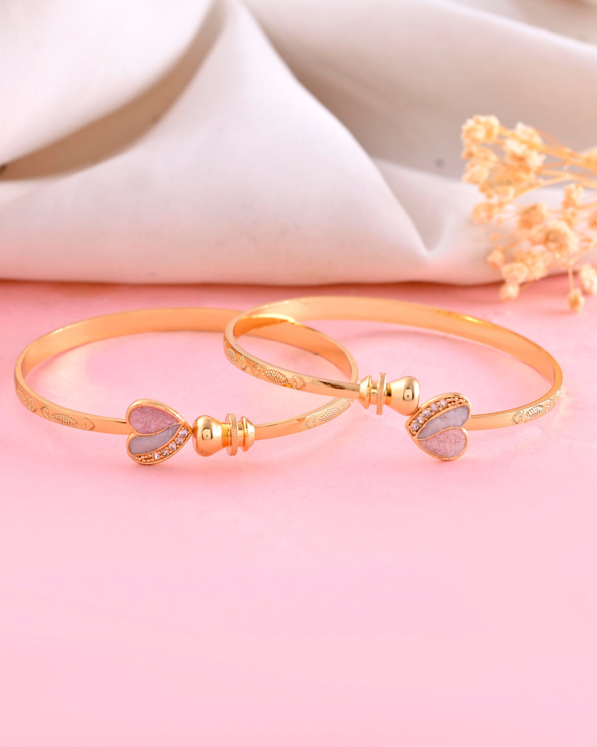 VOJ Set of 2 Gold-Polished Stone Studded Heart Shaped Bangles 