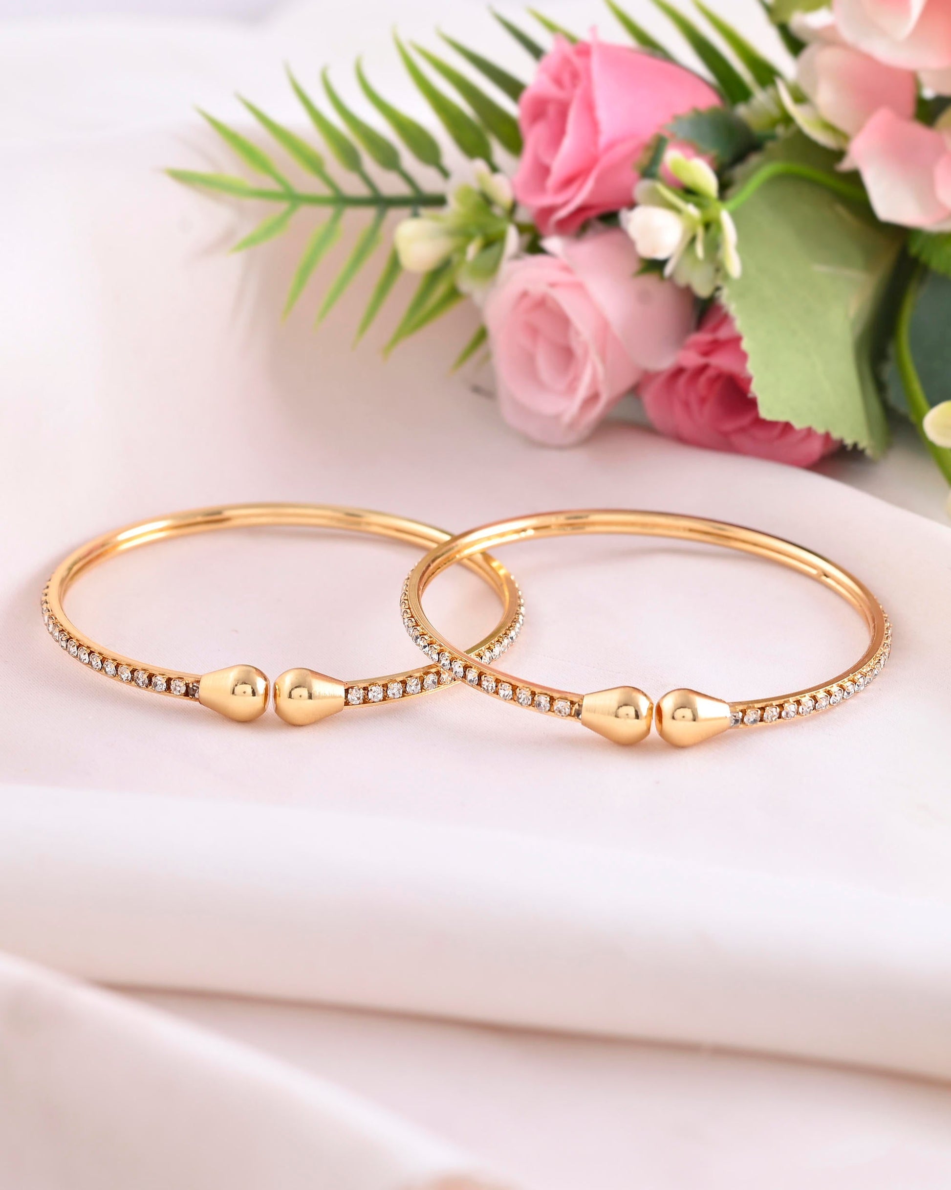 VOJ Set of 2 Gold-Polished AD Stones Studded Minimal Bangles 