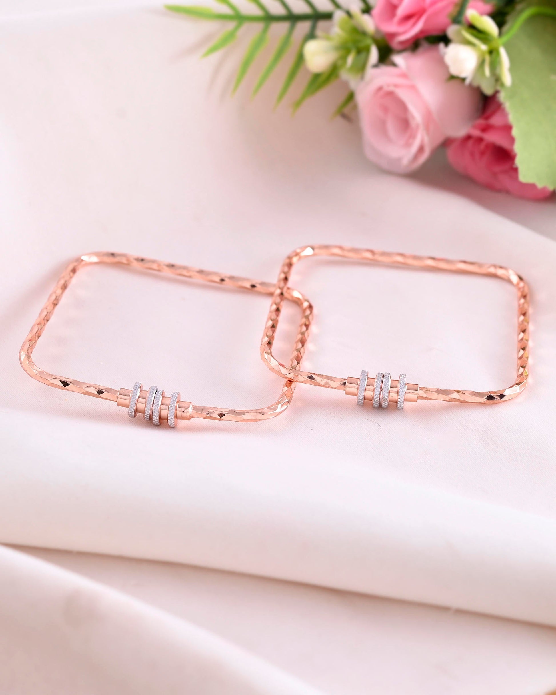 VOJ Set of 2 Rose Gold-Polished Square Shaped Bangles 
