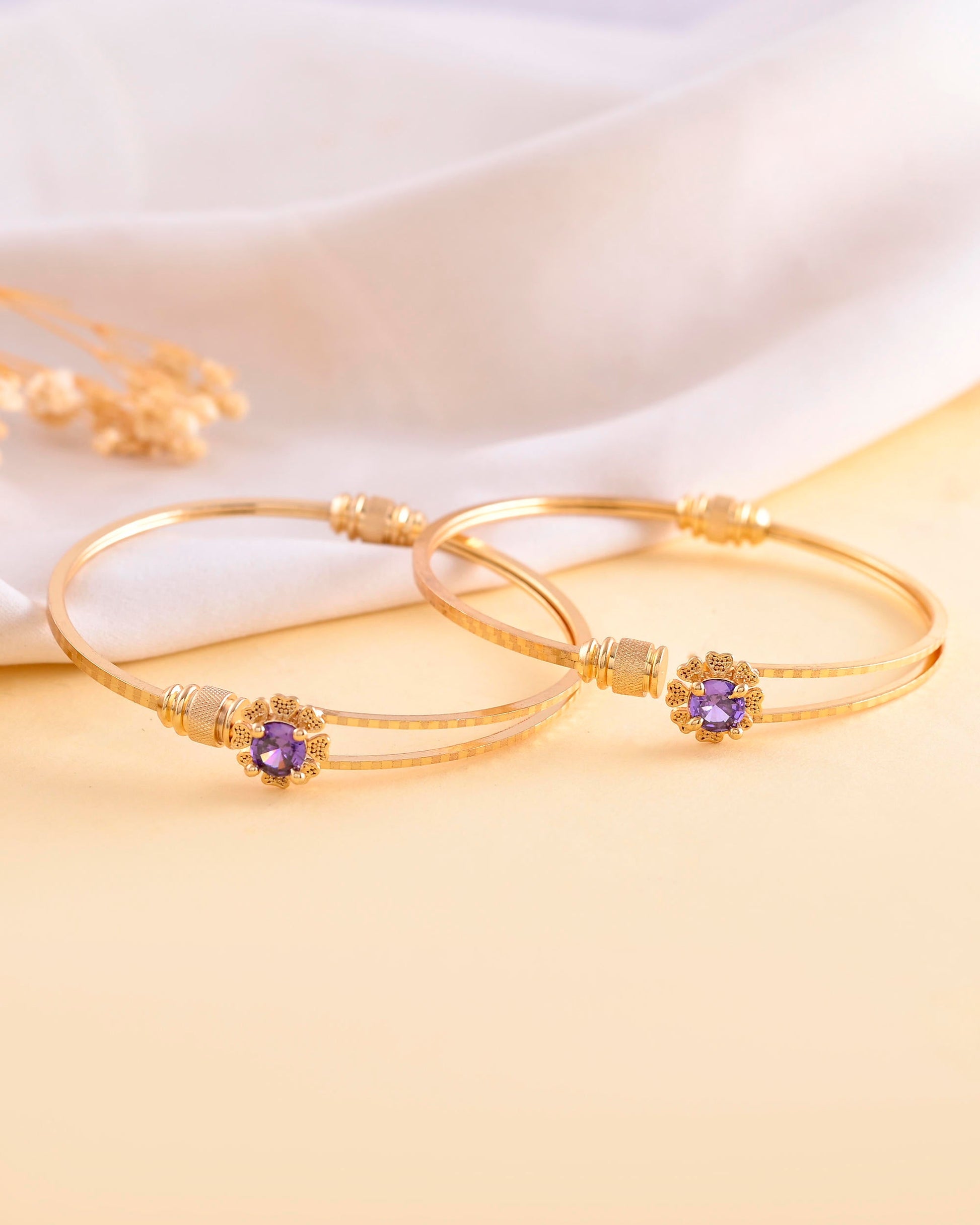 VOJ Set of 2 Gold-Polished Purple Stone Studded Bangles VOJ (Valley Of Jewellery)
