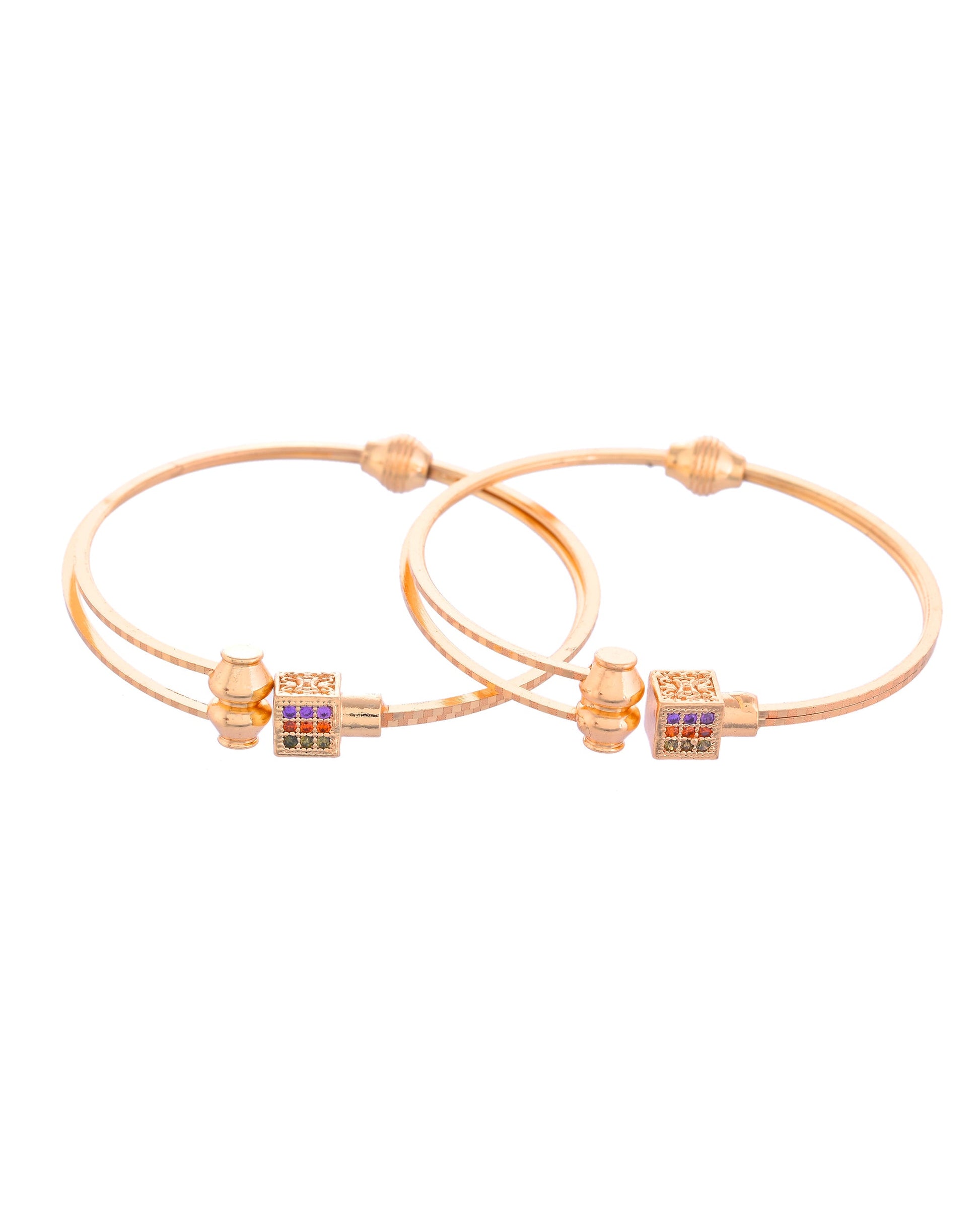 VOJ Set of 2 Gold-Polished Mutli Colour Stones Studded Square Shaped Bangles VOJ (Valley Of Jewellery)