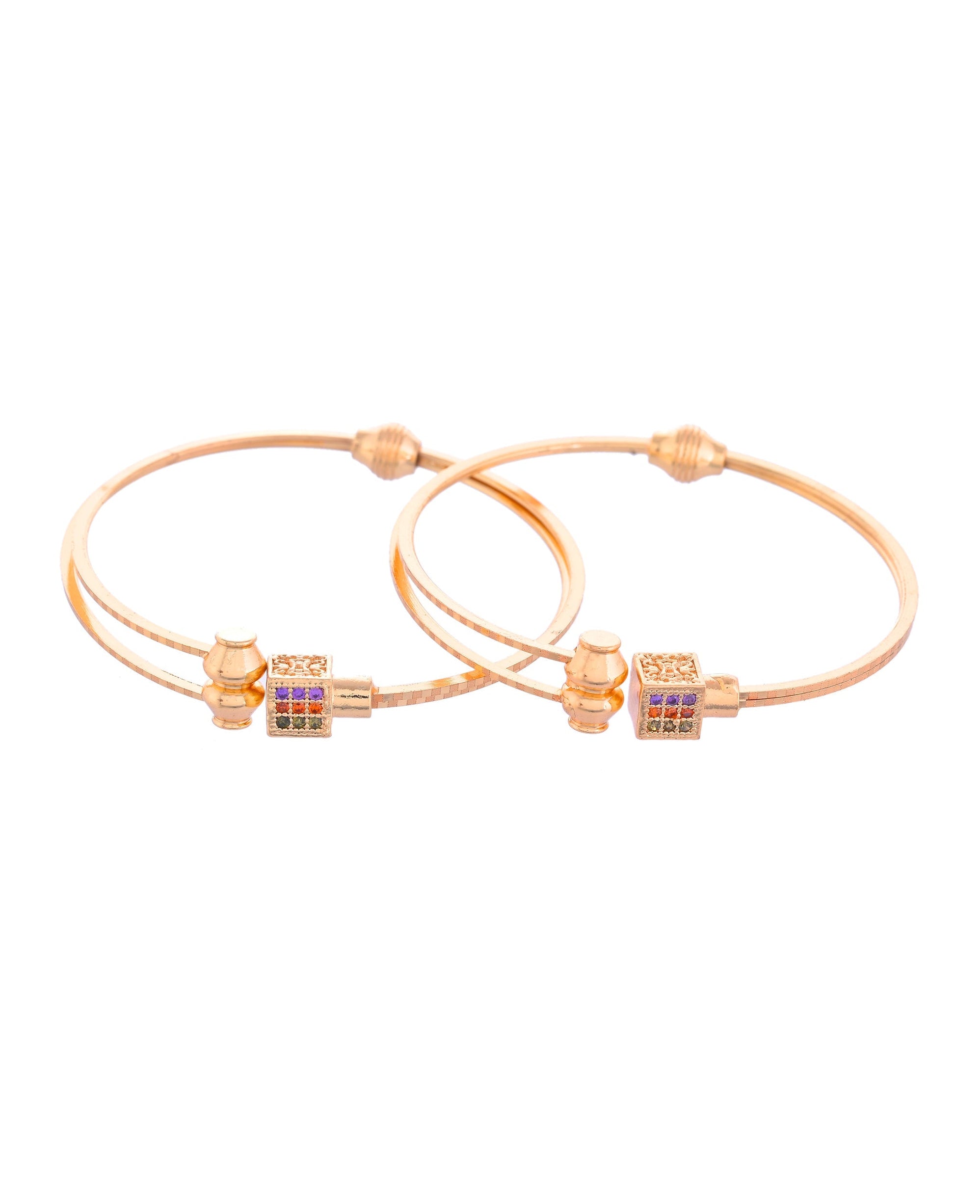 VOJ Set of 2 Gold-Polished Mutli Colour Stones Studded Square Shaped Bangles 