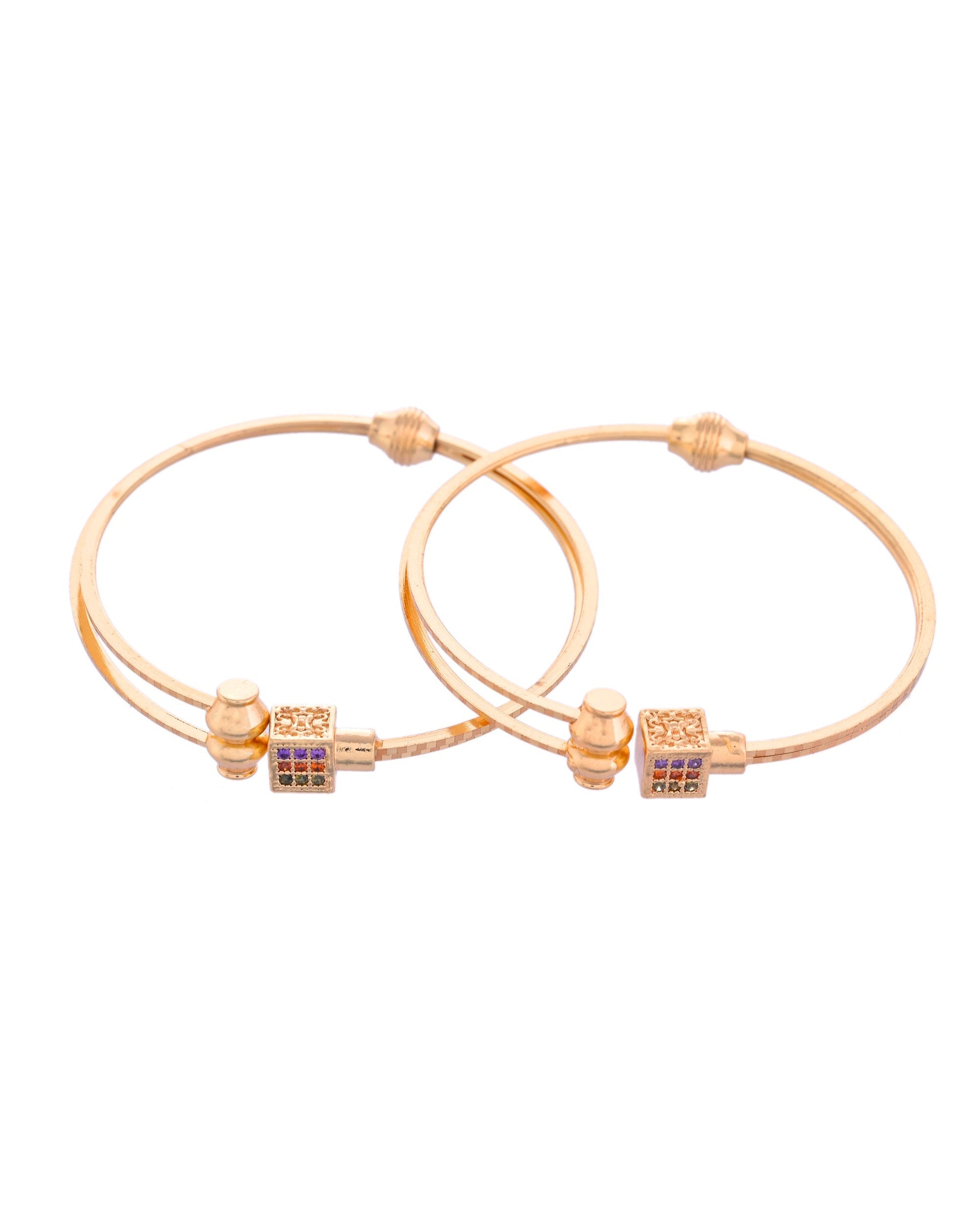 VOJ Set of 2 Gold-Polished Mutli Colour Stones Studded Square Shaped Bangles 