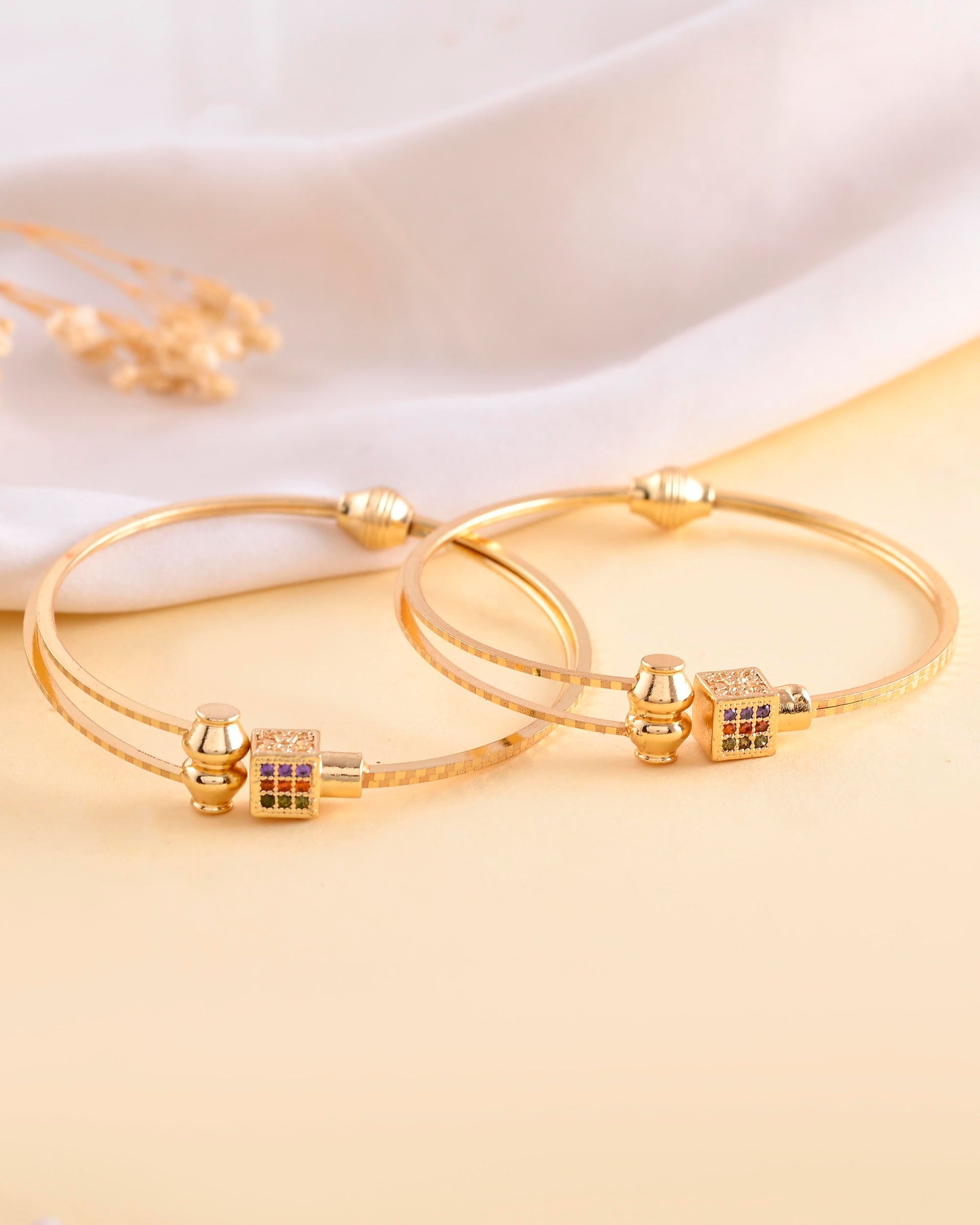 VOJ Set of 2 Gold-Polished Mutli Colour Stones Studded Square Shaped Bangles 