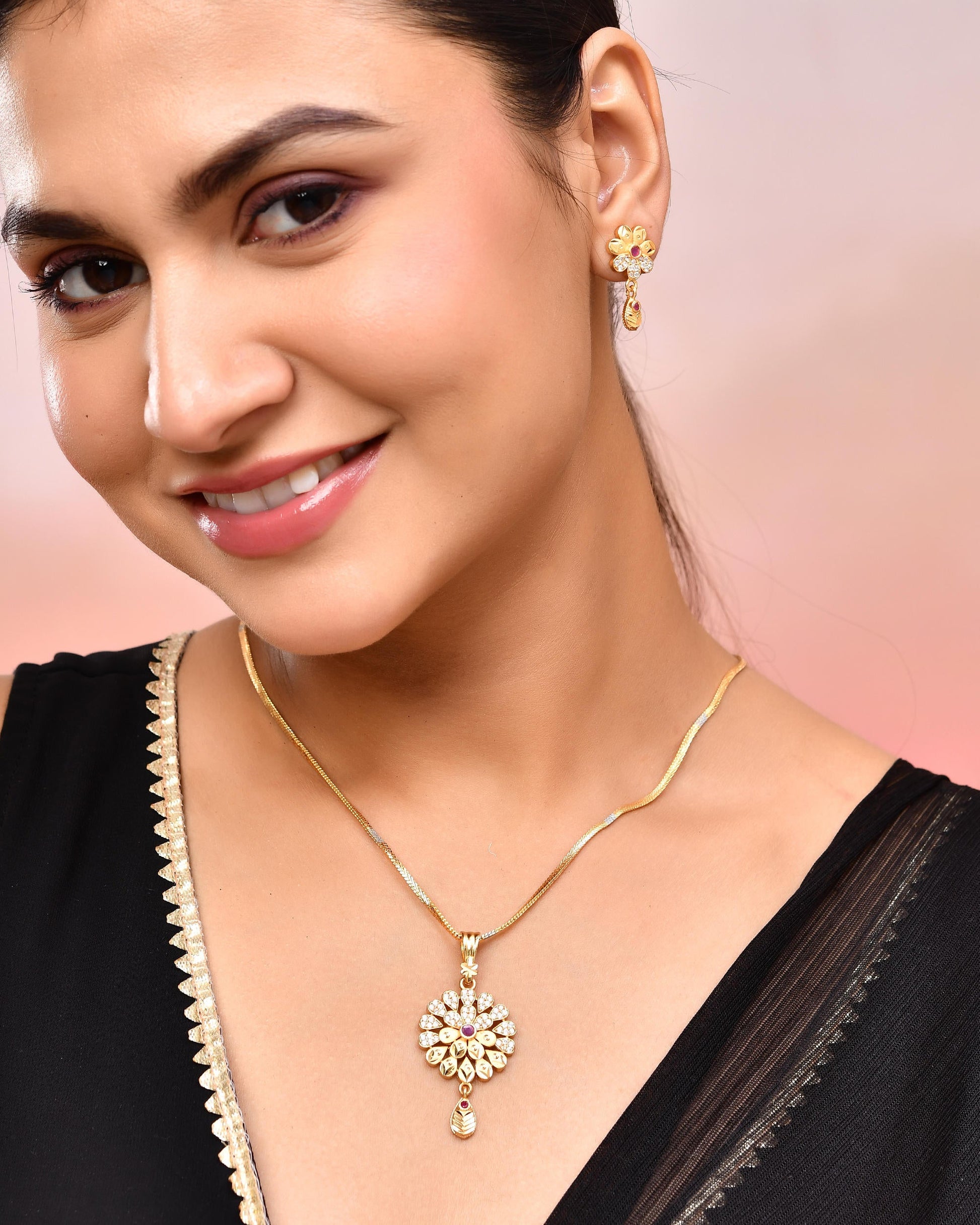 VOJ Gold-Polished Floral Shaped AD Stone Studded Chain Set VOJ (Valley Of Jewellery)