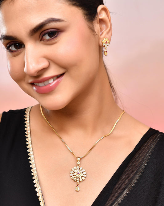 VOJ Gold-Polished Floral Shaped AD Stone Studded Chain Set VOJ (Valley Of Jewellery)