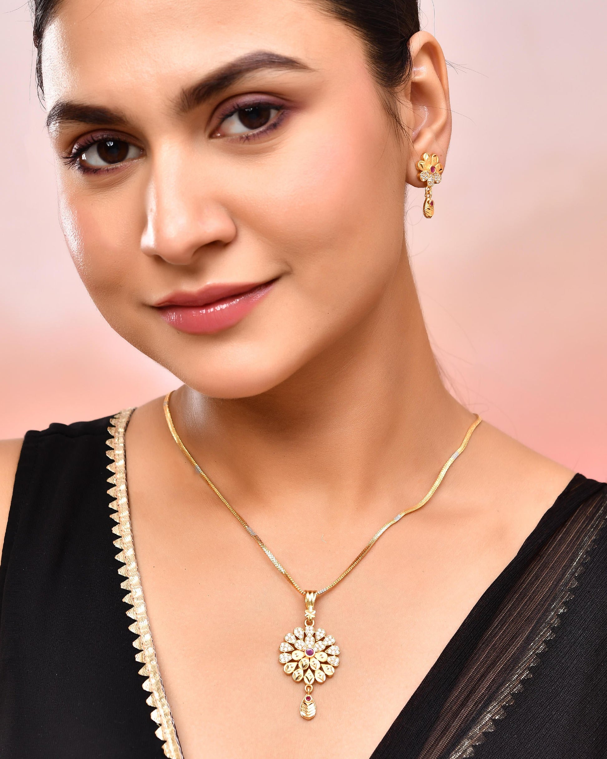 VOJ Gold-Polished Floral Shaped AD Stone Studded Chain Set VOJ (Valley Of Jewellery)