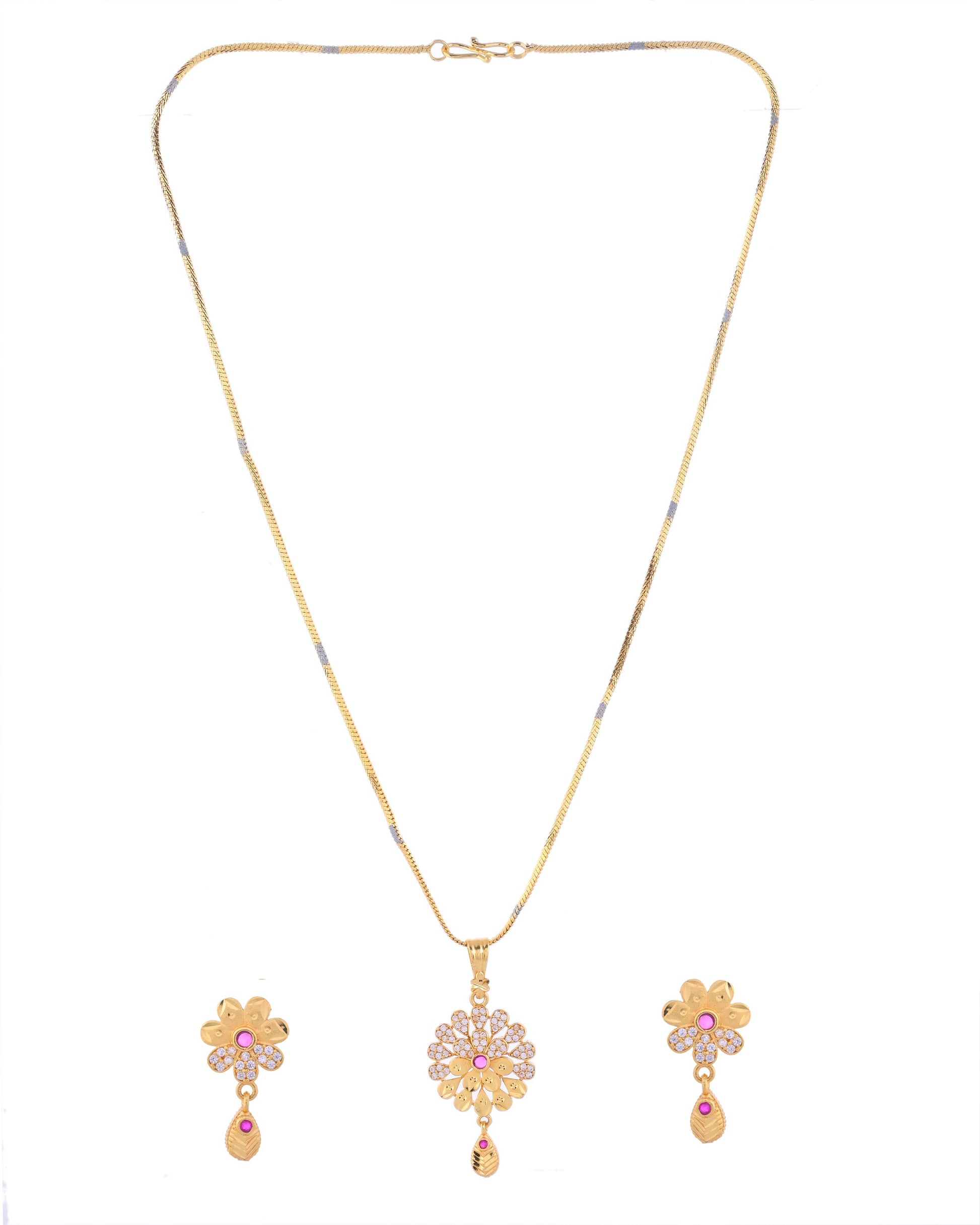 VOJ Gold-Polished Floral Shaped AD Stone Studded Chain Set VOJ (Valley Of Jewellery)