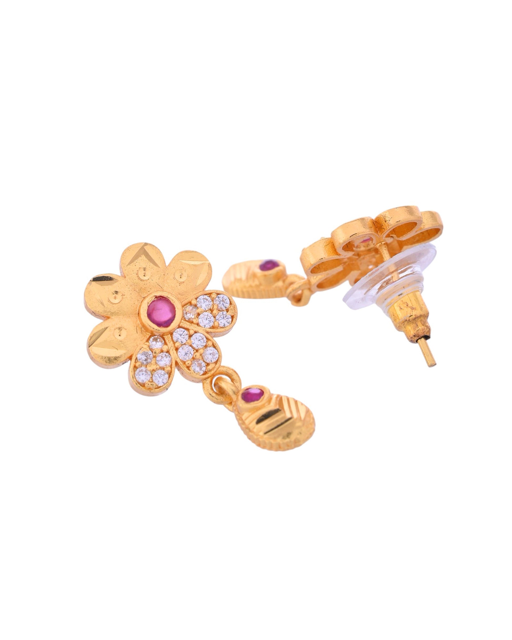 VOJ Gold-Polished Floral Shaped AD Stone Studded Chain Set VOJ (Valley Of Jewellery)