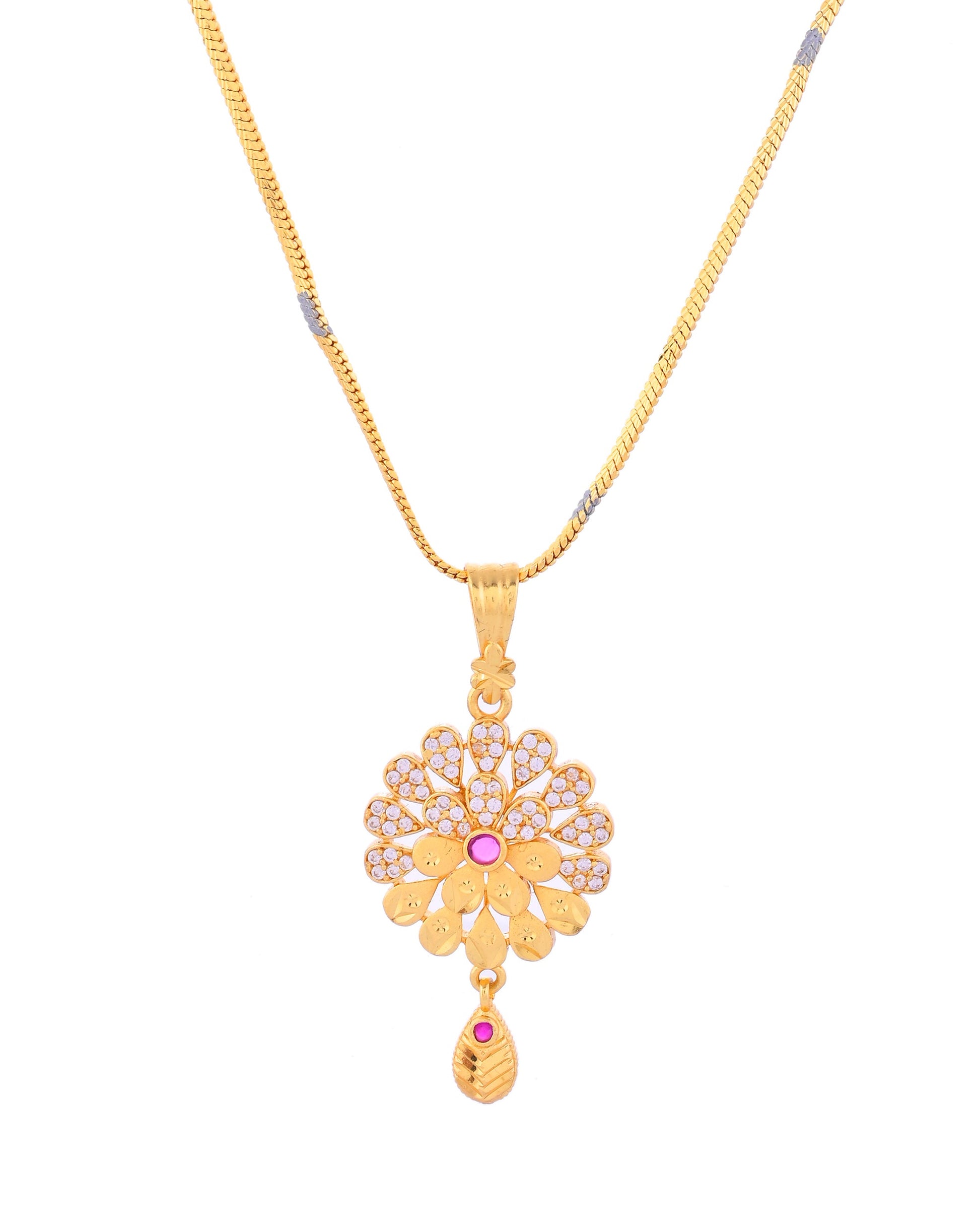 VOJ Gold-Polished Floral Shaped AD Stone Studded Chain Set VOJ (Valley Of Jewellery)