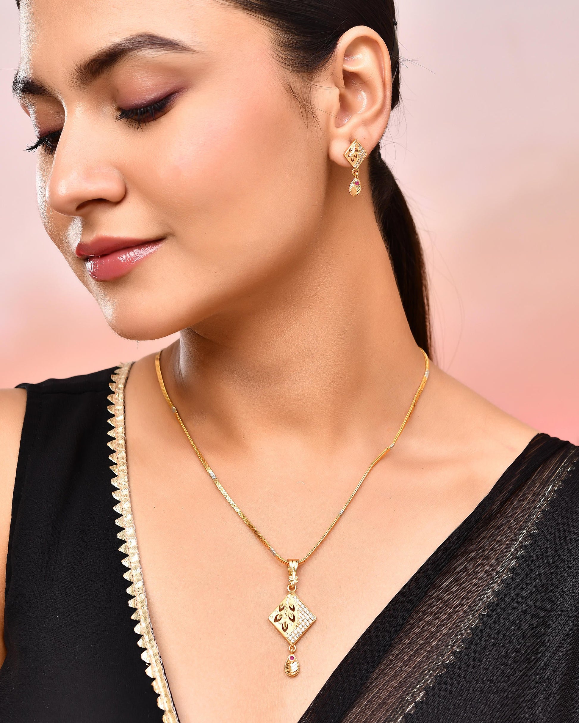 VOJ Gold-Polished Geomatrical AD Stone Studded Chain Set VOJ (Valley Of Jewellery)