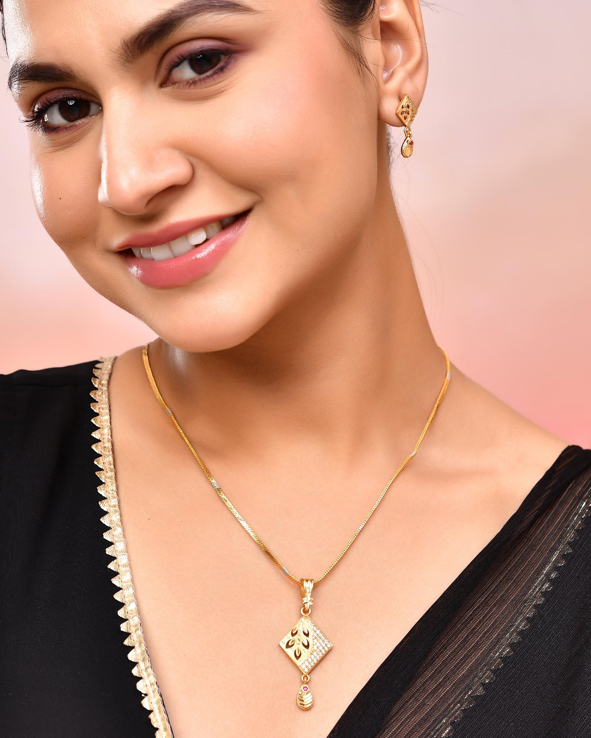 VOJ Gold-Polished Geomatrical AD Stone Studded Chain Set VOJ (Valley Of Jewellery)