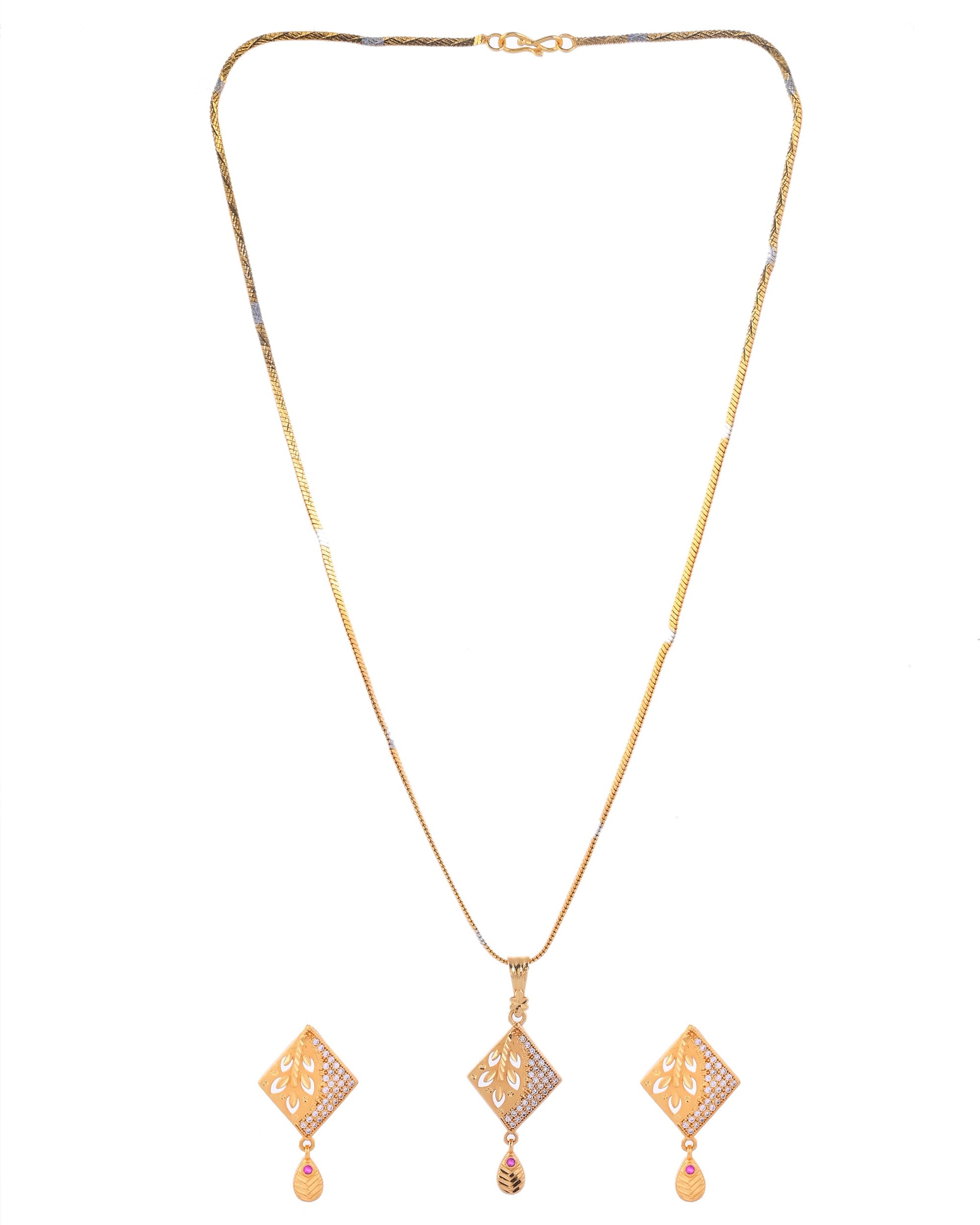 VOJ Gold-Polished Geomatrical AD Stone Studded Chain Set VOJ (Valley Of Jewellery)