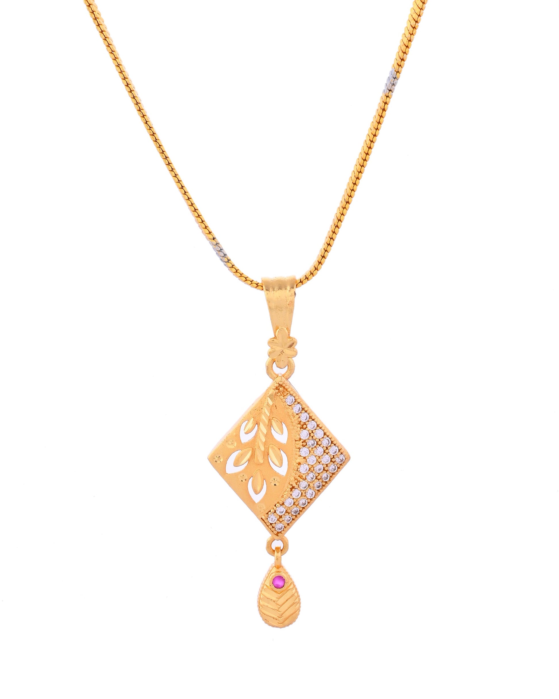 VOJ Gold-Polished Geomatrical AD Stone Studded Chain Set VOJ (Valley Of Jewellery)